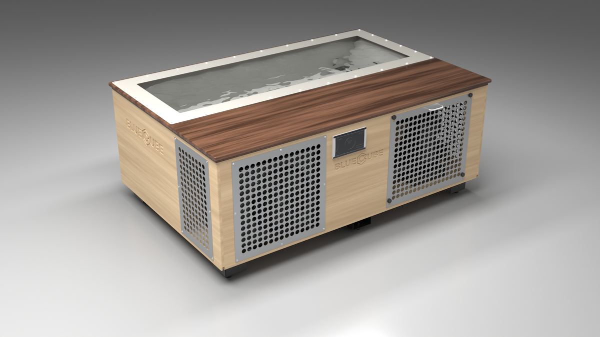 BlueCube C3 cold plunge tub uncladded with perforated screens with walnut deck with gel coated tub left front view [bc color=uncladded screen=screen deck=walnut tub=gel-coated view=fl]