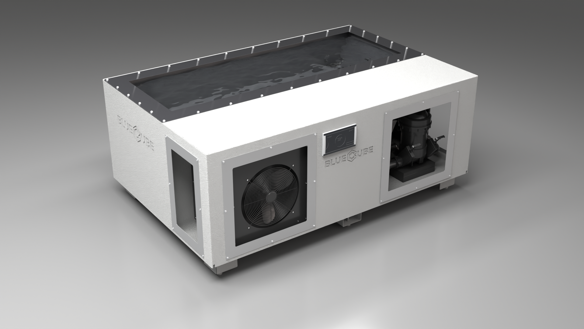 BlueCube C3 cold plunge tub white with carbon fiber tub left front view [bc color=white screen=frame deck=none tub=carbon-fiber view=fl]