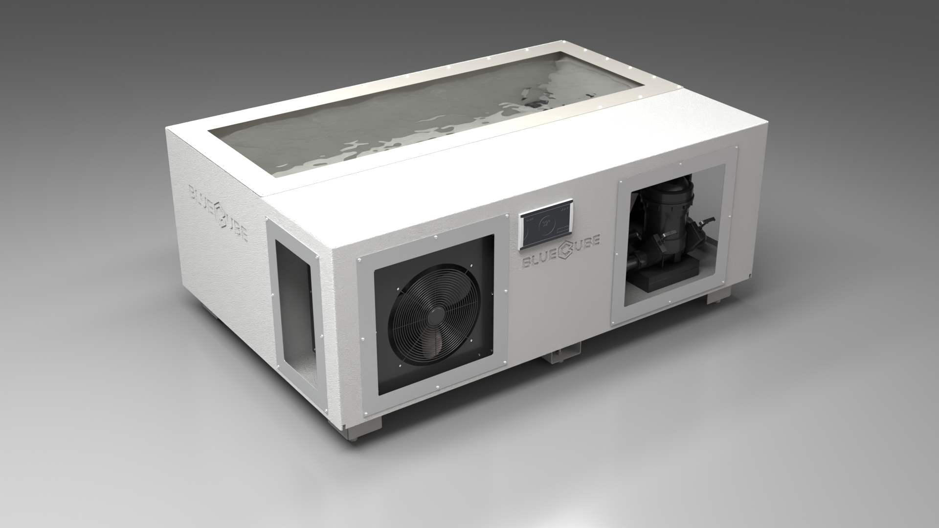 BlueCube C3 cold plunge tub white with gel coated tub left front view [bc color=white screen=frame deck=none tub=gel-coated view=fl]