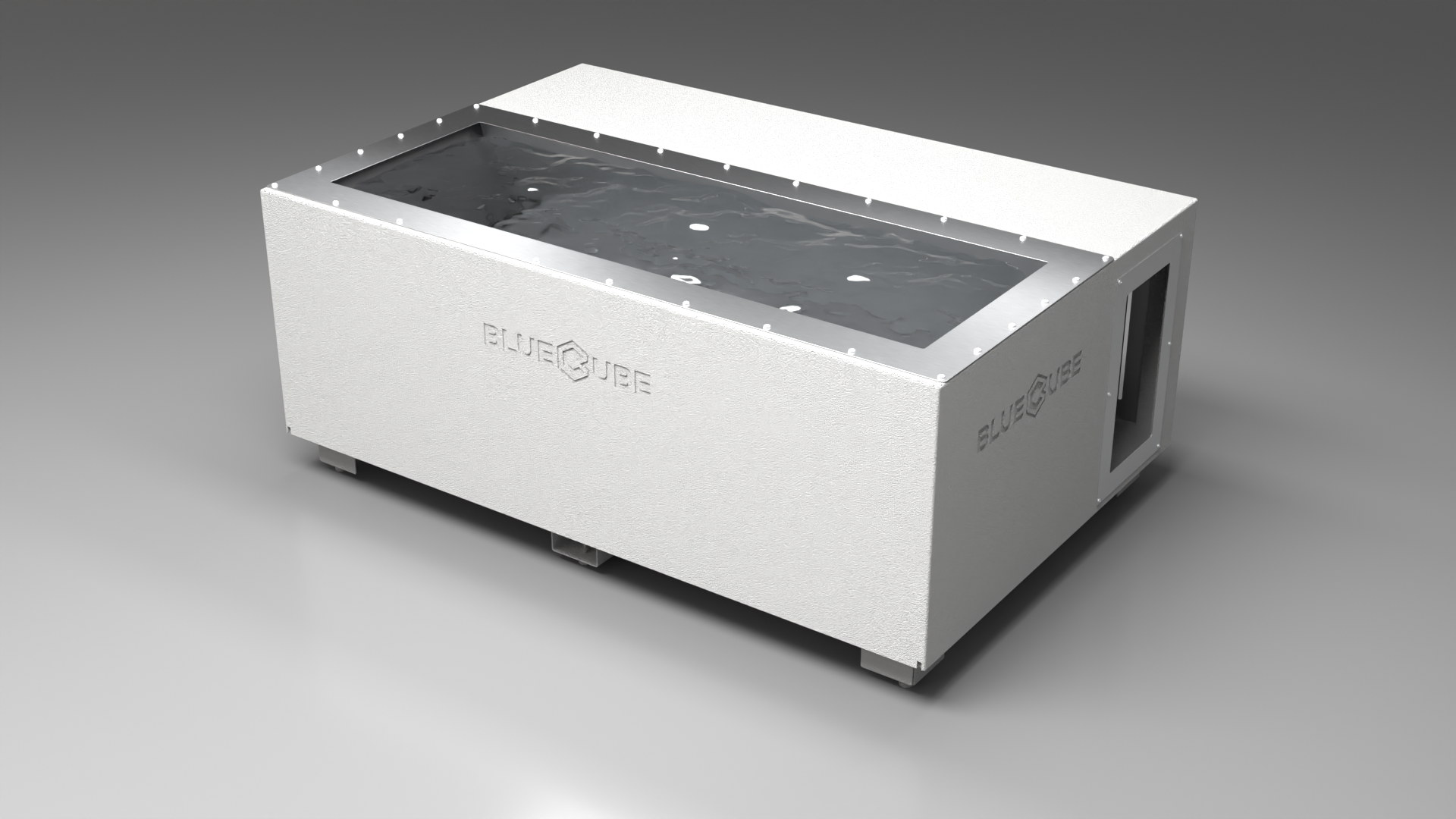 BlueCube C3 cold plunge tub white left back view [bc color=white screen=frame deck=none tub=stainless view=bl]