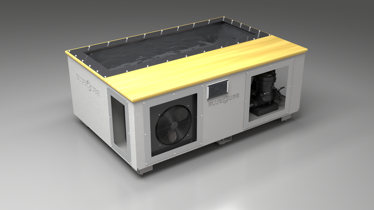 BlueCube C3 cold plunge tub white with white maple deck with carbon fiber tub left front view [bc color=white screen=frame deck=white-maple tub=carbon-fiber view=fl]