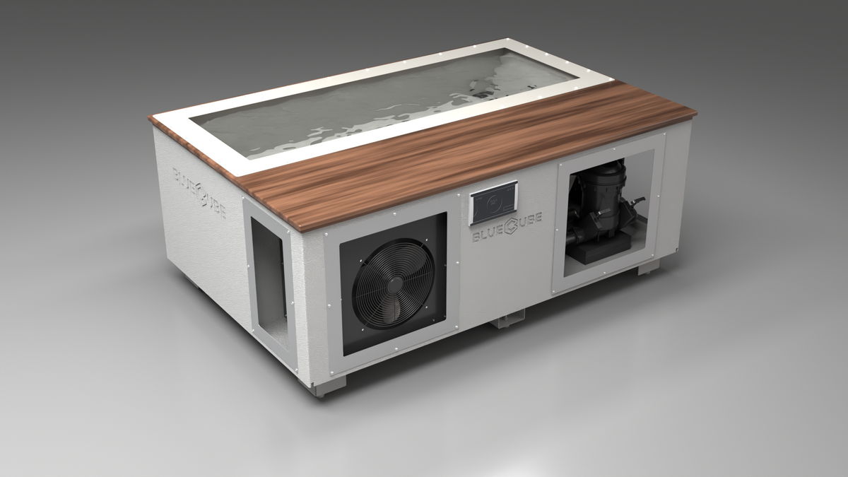 BlueCube C3 cold plunge tub white with walnut deck with gel coated tub left front view [bc color=white screen=frame deck=walnut tub=gel-coated view=fl]