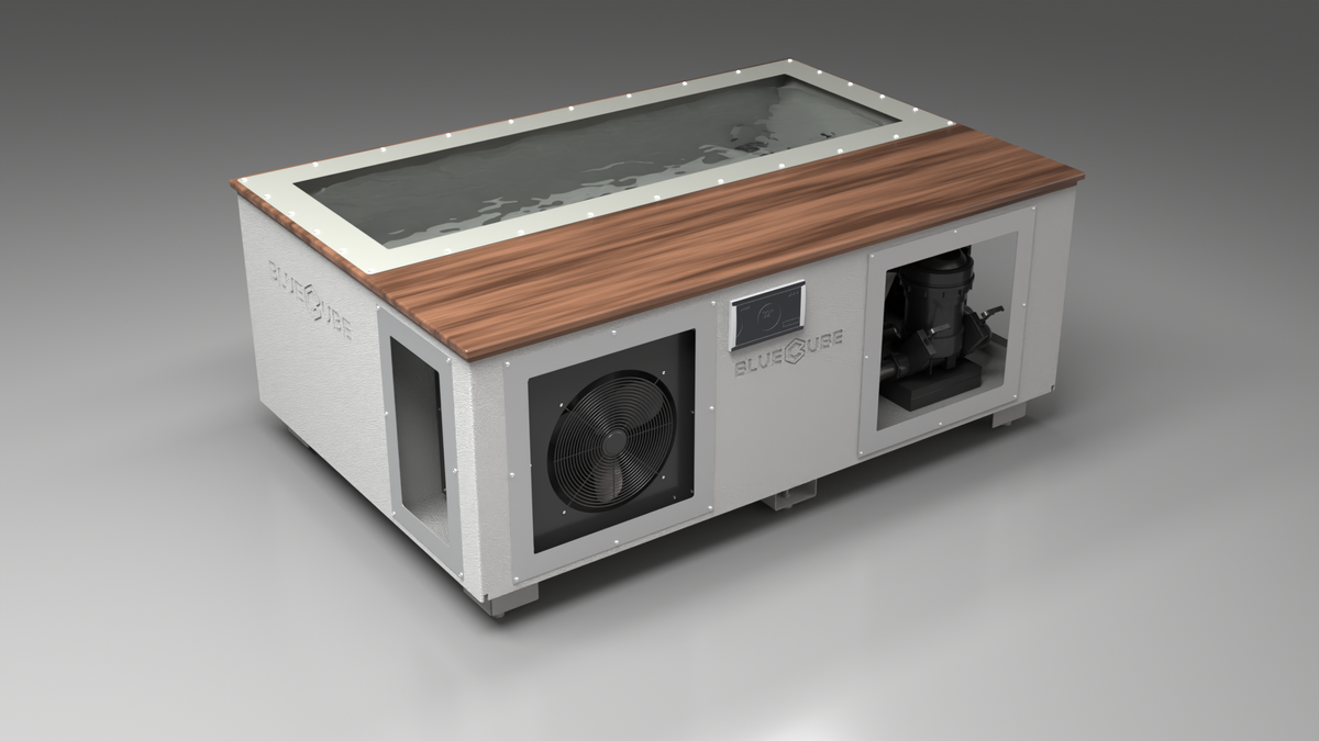BlueCube C3 cold plunge tub white with walnut deck with hempcarbon tub left front view [bc color=white screen=frame deck=walnut tub=hempcarbon view=fl]