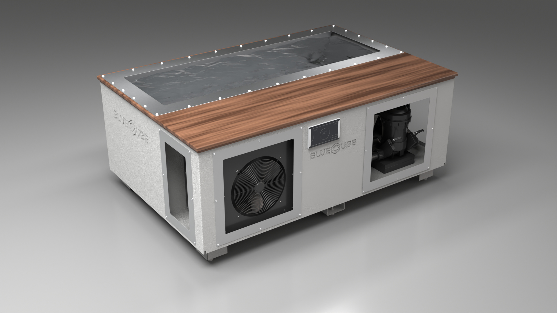 BlueCube C3 cold plunge tub white with walnut deck left front view [bc color=white screen=frame deck=walnut tub=stainless view=fl]