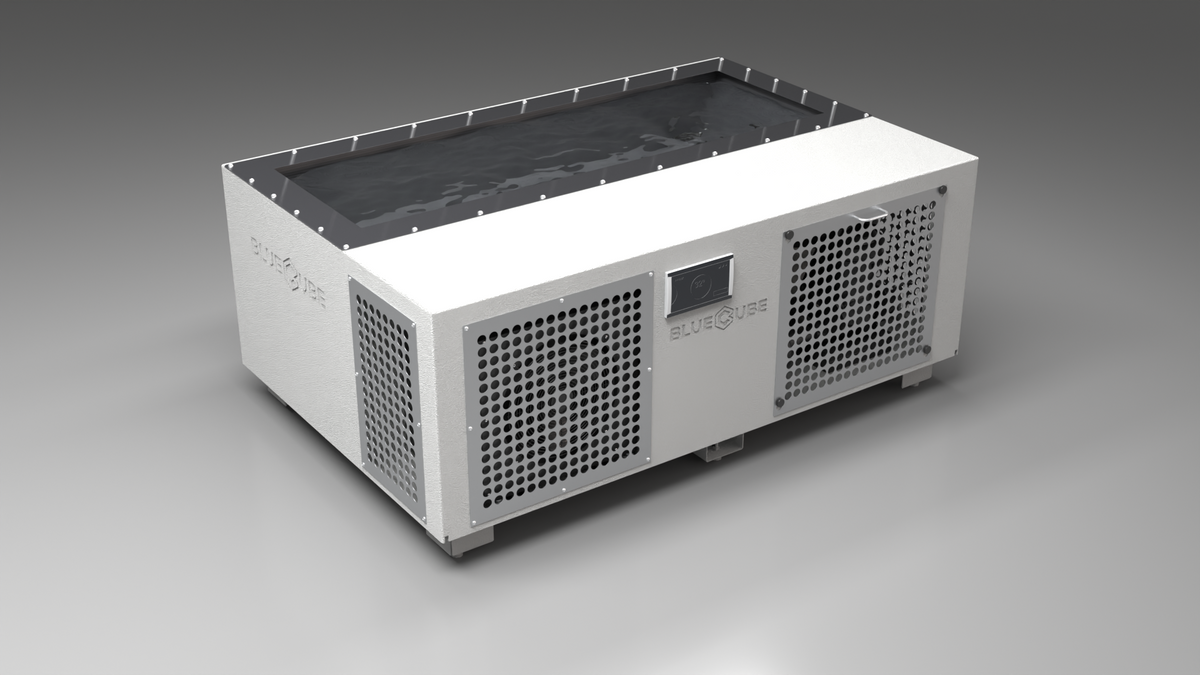 BlueCube C3 cold plunge tub white with perforated screens with carbon fiber tub left front view [bc color=white screen=screen deck=none tub=carbon-fiber view=fl]
