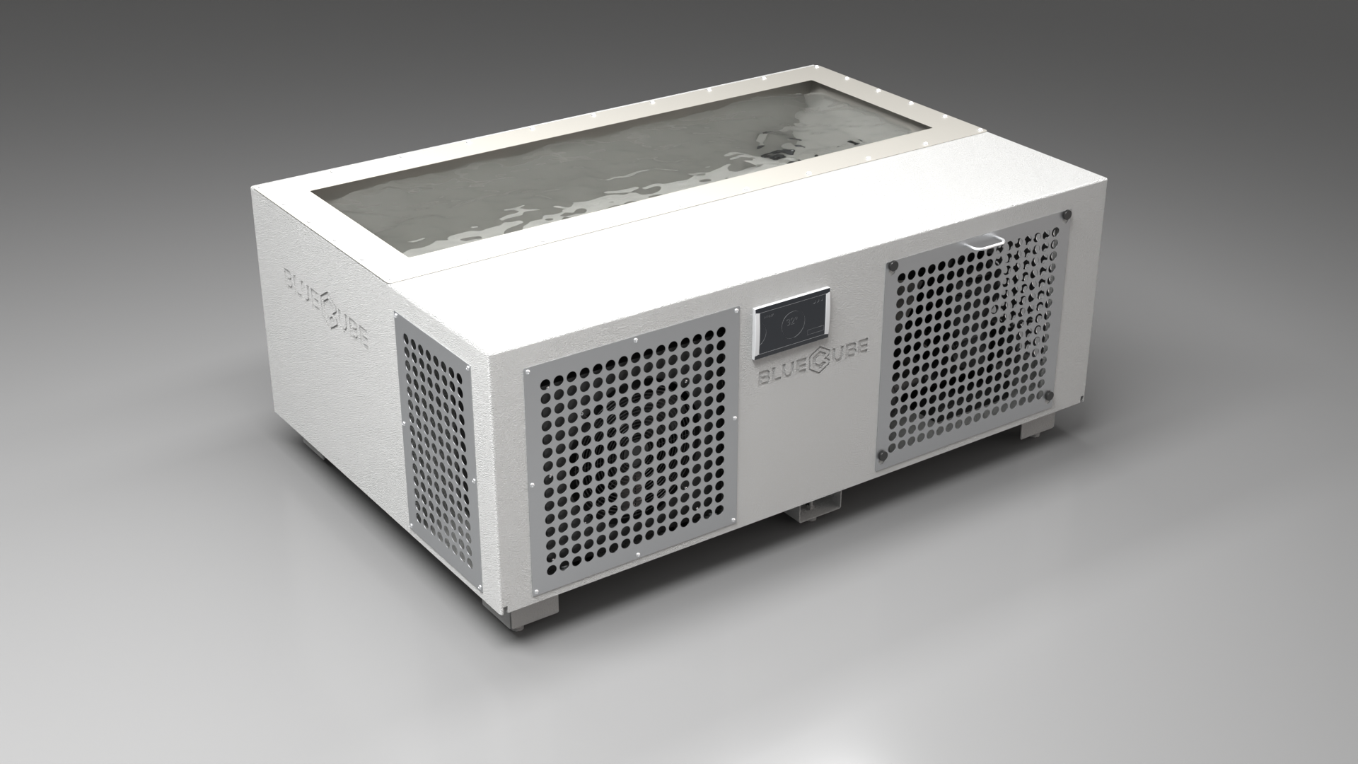BlueCube C3 cold plunge tub white with perforated screens with gel coated tub left front view [bc color=white screen=screen deck=none tub=gel-coated view=fl]