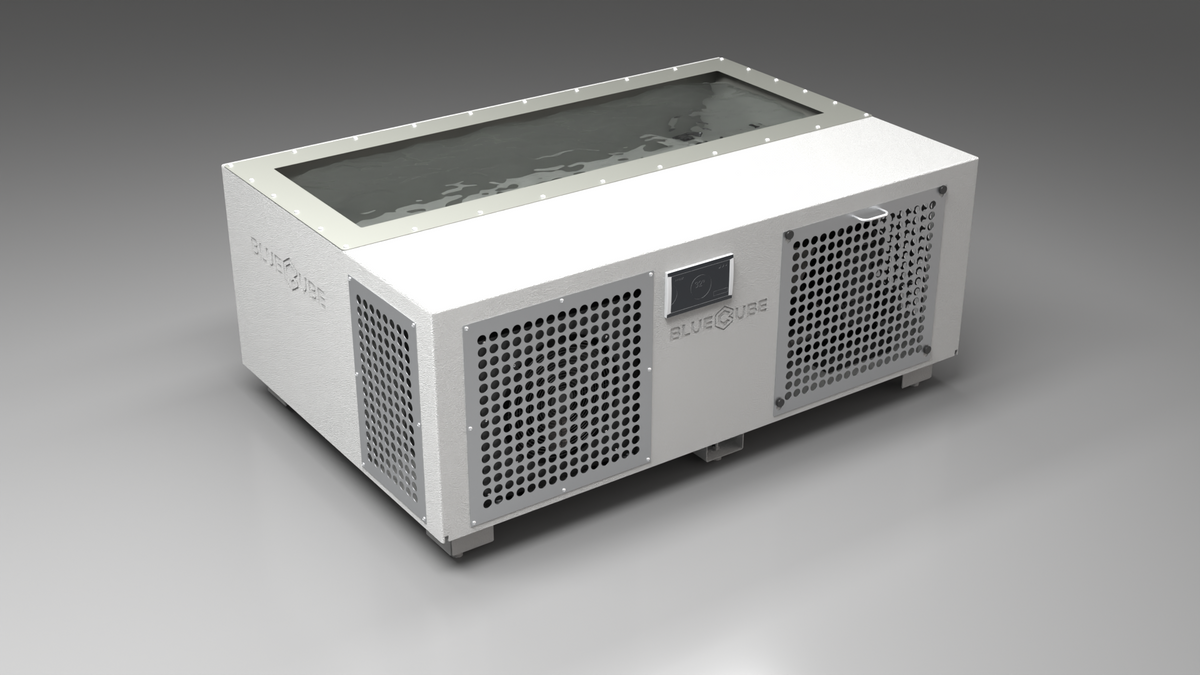 BlueCube C3 cold plunge tub white with perforated screens with hempcarbon tub left front view [bc color=white screen=screen deck=none tub=hempcarbon view=fl]