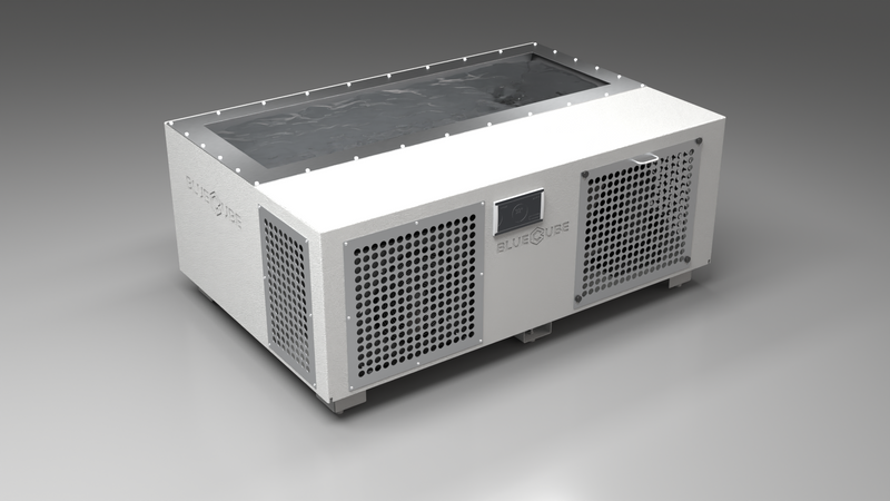 BlueCube C3 cold plunge tub white with perforated screens left front view [bc color=white screen=screen deck=none tub=stainless view=fl]