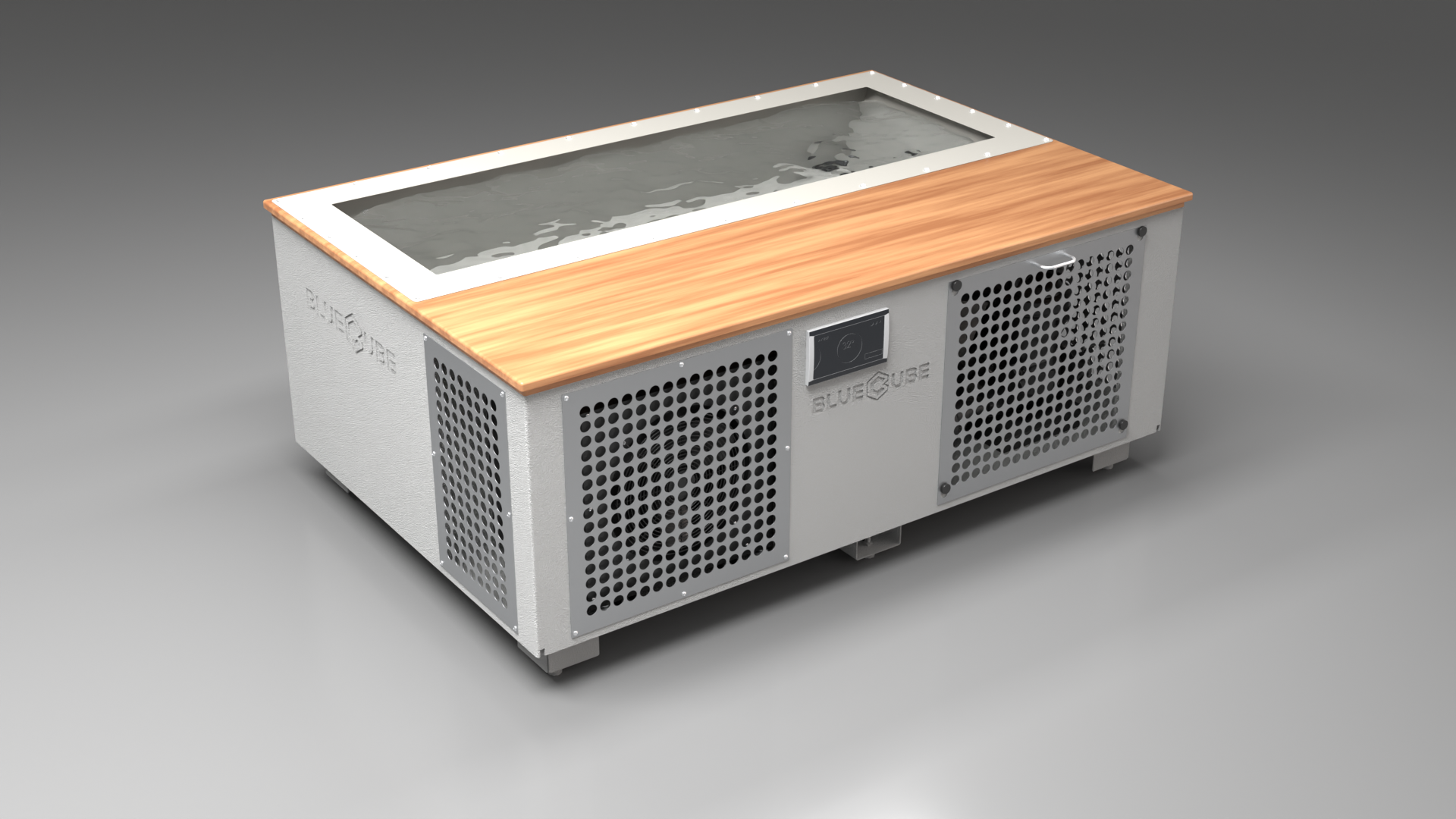 BlueCube C3 cold plunge tub white with perforated screens with mahogany deck with gel coated tub left front view [bc color=white screen=screen deck=mahogany tub=gel-coated view=fl]