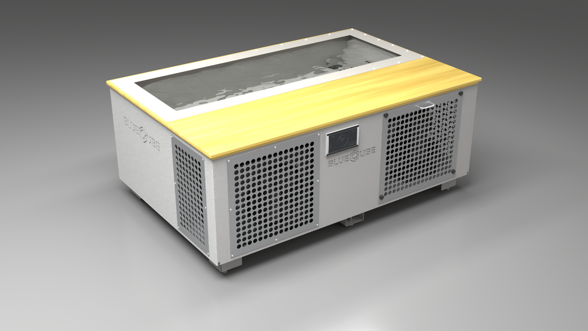 BlueCube C3 cold plunge tub white with perforated screens with white maple deck with gel coated tub left front view [bc color=white screen=screen deck=white-maple tub=gel-coated view=fl]