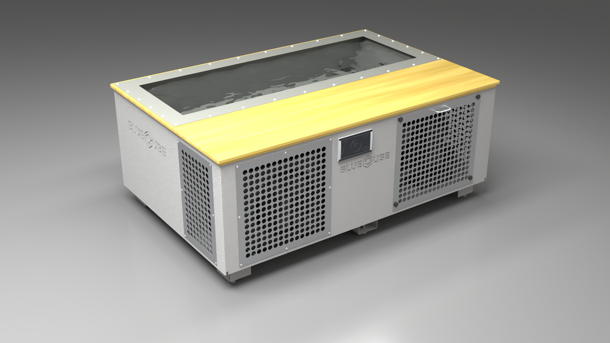 BlueCube C3 cold plunge tub white with perforated screens with white maple deck with hempcarbon tub left front view [bc color=white screen=screen deck=white-maple tub=hempcarbon view=fl]