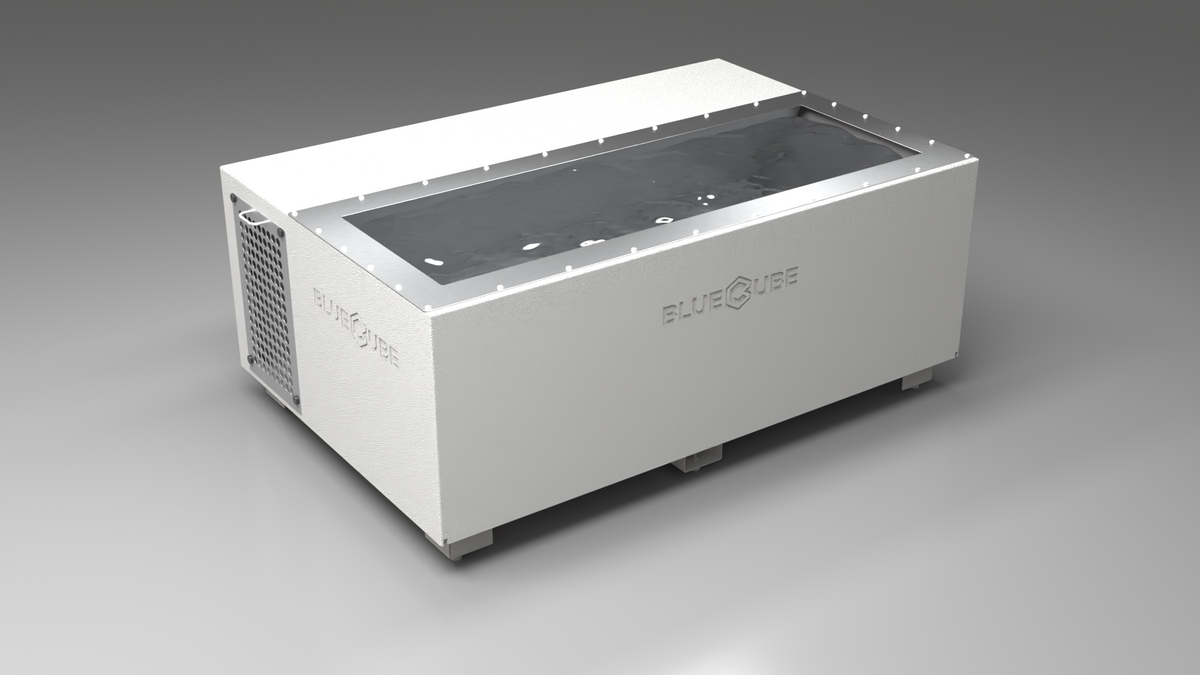 BlueCube C3 cold plunge tub white with perforated screens right back view [bc color=white screen=screen deck=none tub=stainless view=br]