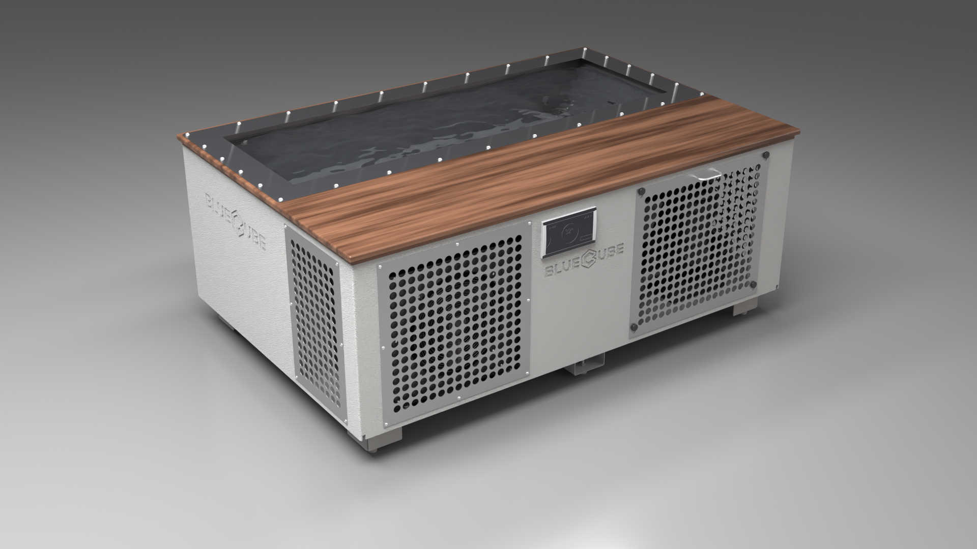 BlueCube C3 cold plunge tub white with perforated screens with walnut deck with carbon fiber tub left front view [bc color=white screen=screen deck=walnut tub=carbon-fiber view=fl]