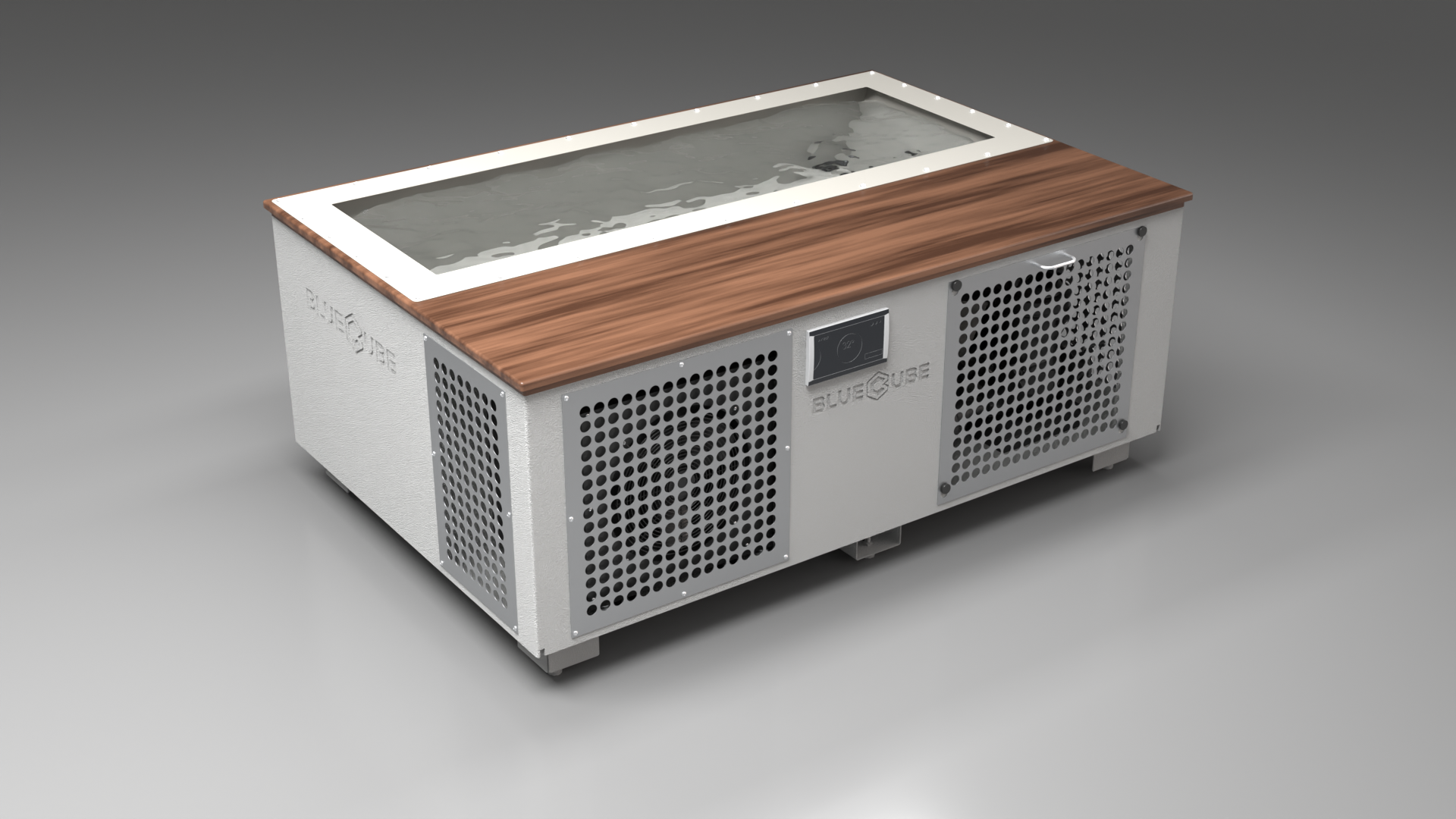BlueCube C3 cold plunge tub white with perforated screens with walnut deck with gel coated tub left front view [bc color=white screen=screen deck=walnut tub=gel-coated view=fl]