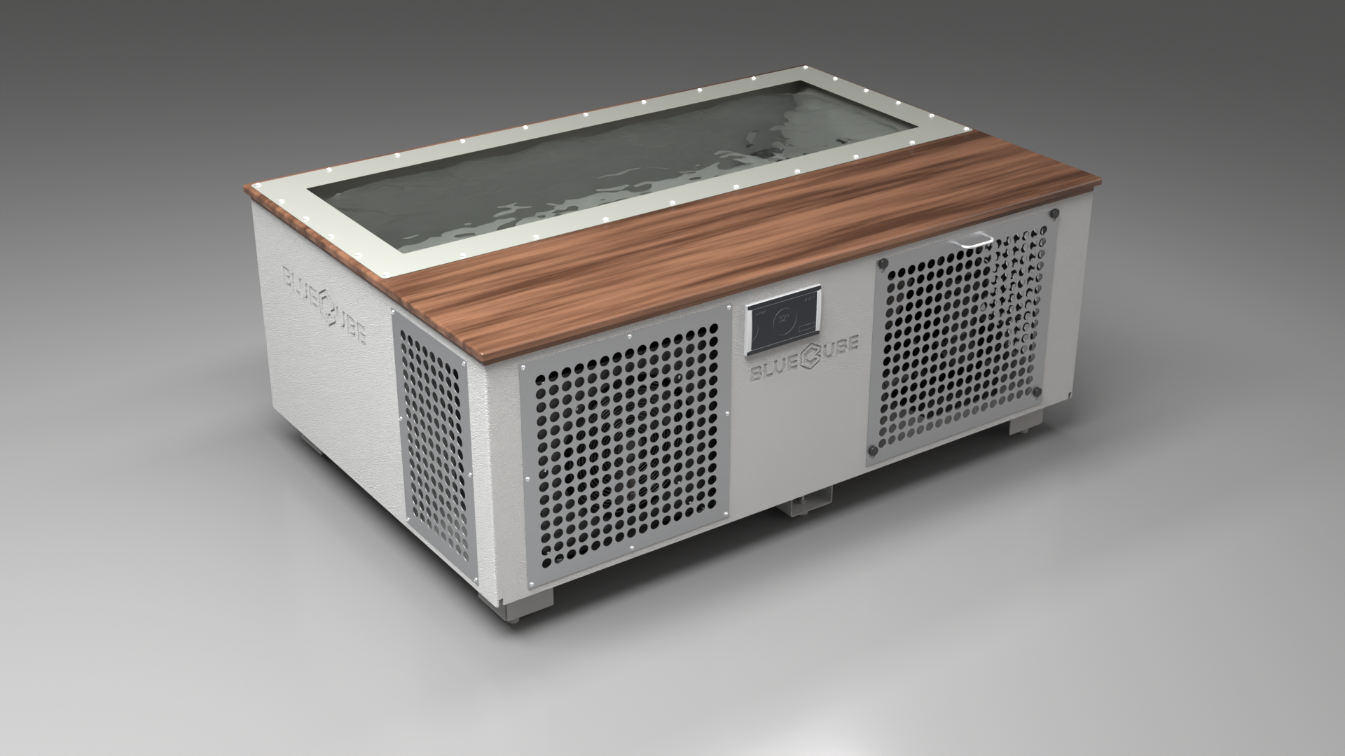BlueCube C3 cold plunge tub white with perforated screens with walnut deck with hempcarbon tub left front view [bc color=white screen=screen deck=walnut tub=hempcarbon view=fl]