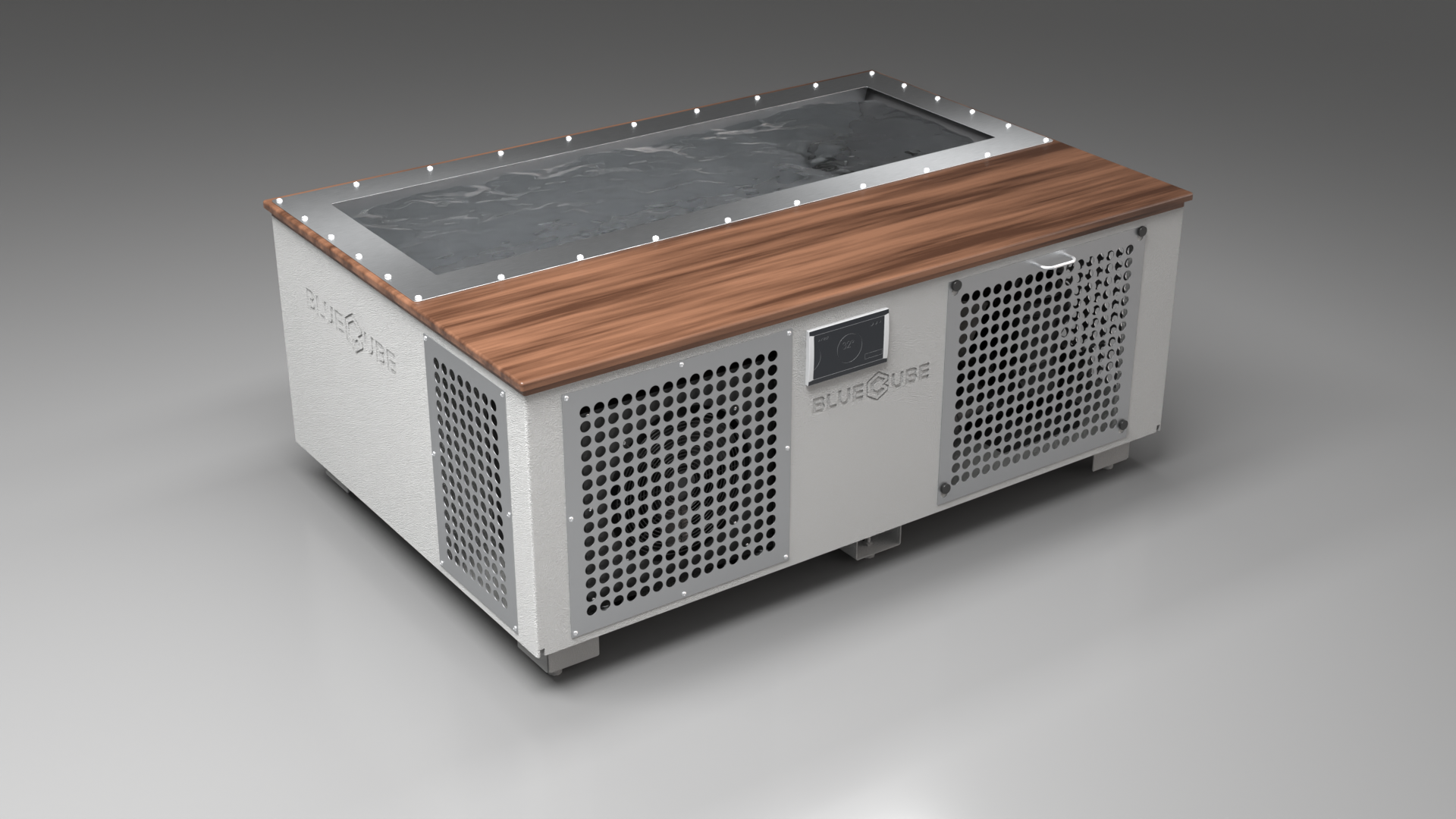 BlueCube C3 cold plunge tub white with perforated screens with walnut deck left front view [bc color=white screen=screen deck=walnut tub=stainless view=fl]