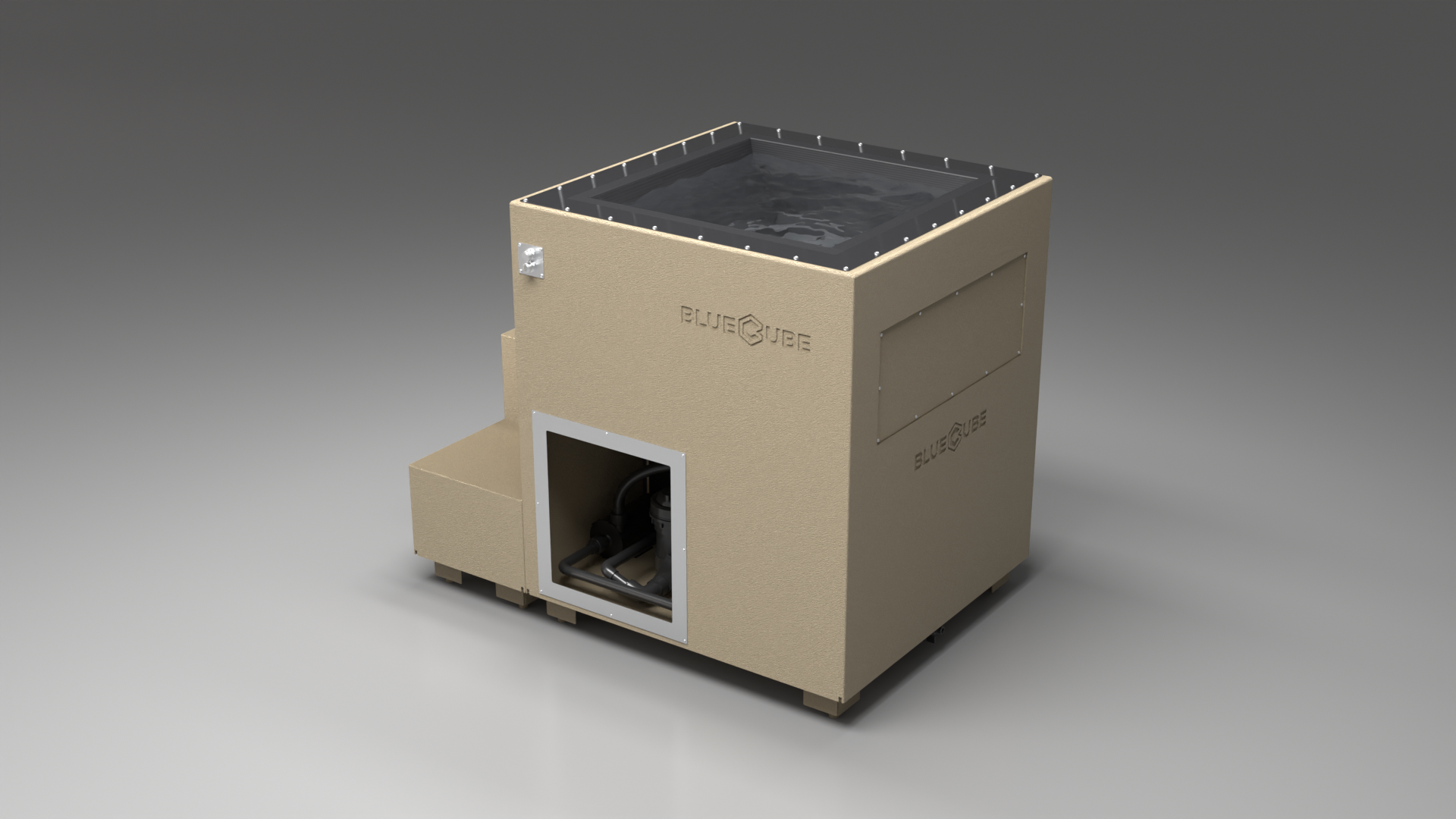 BlueCube LIMITLESS cold plunge tub beige with carbon fiber tub left back view [bc color=beige screen=frame deck=none tub=carbon-fiber view=bl]