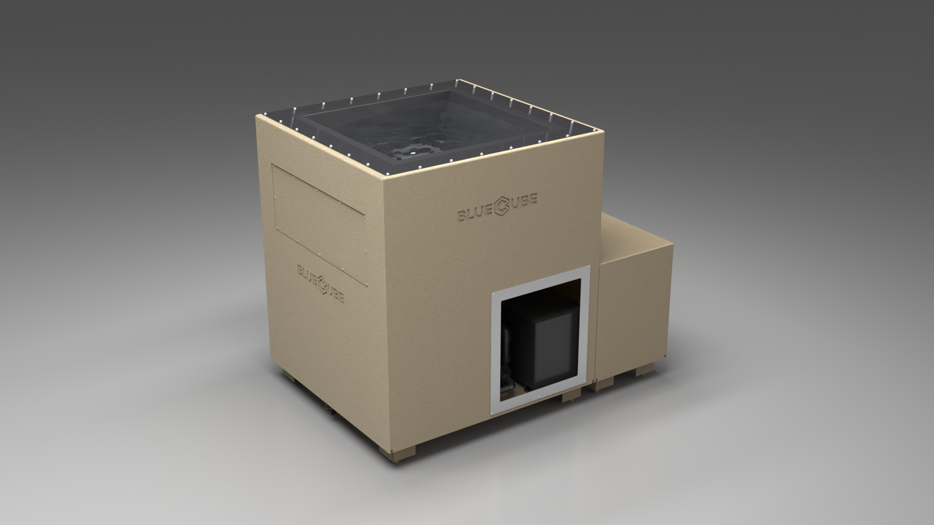 BlueCube LIMITLESS cold plunge tub beige with carbon fiber tub left front view [bc color=beige screen=frame deck=none tub=carbon-fiber view=fl]