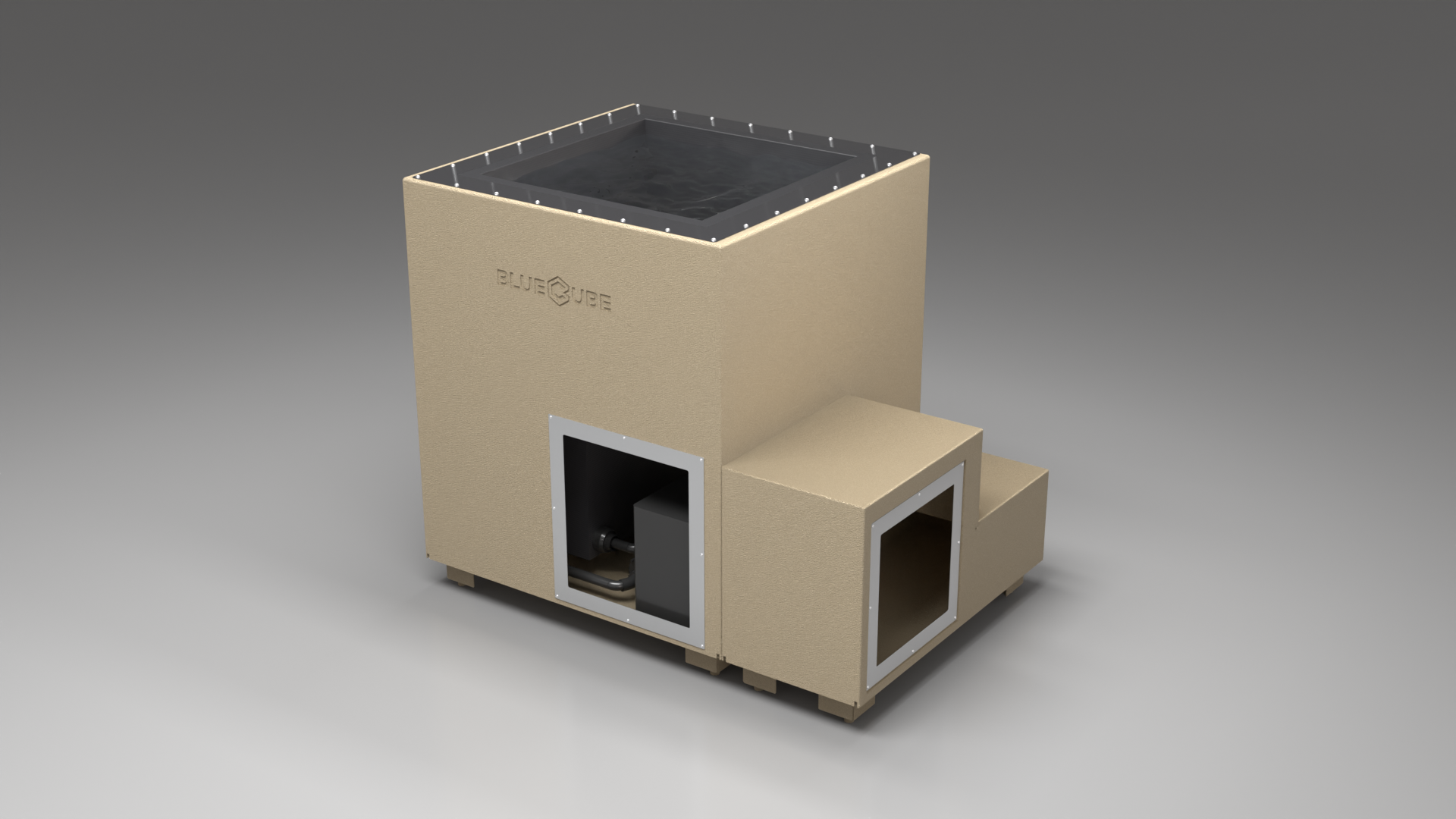 BlueCube LIMITLESS cold plunge tub beige with carbon fiber tub right front view [bc color=beige screen=frame deck=none tub=carbon-fiber view=fr]