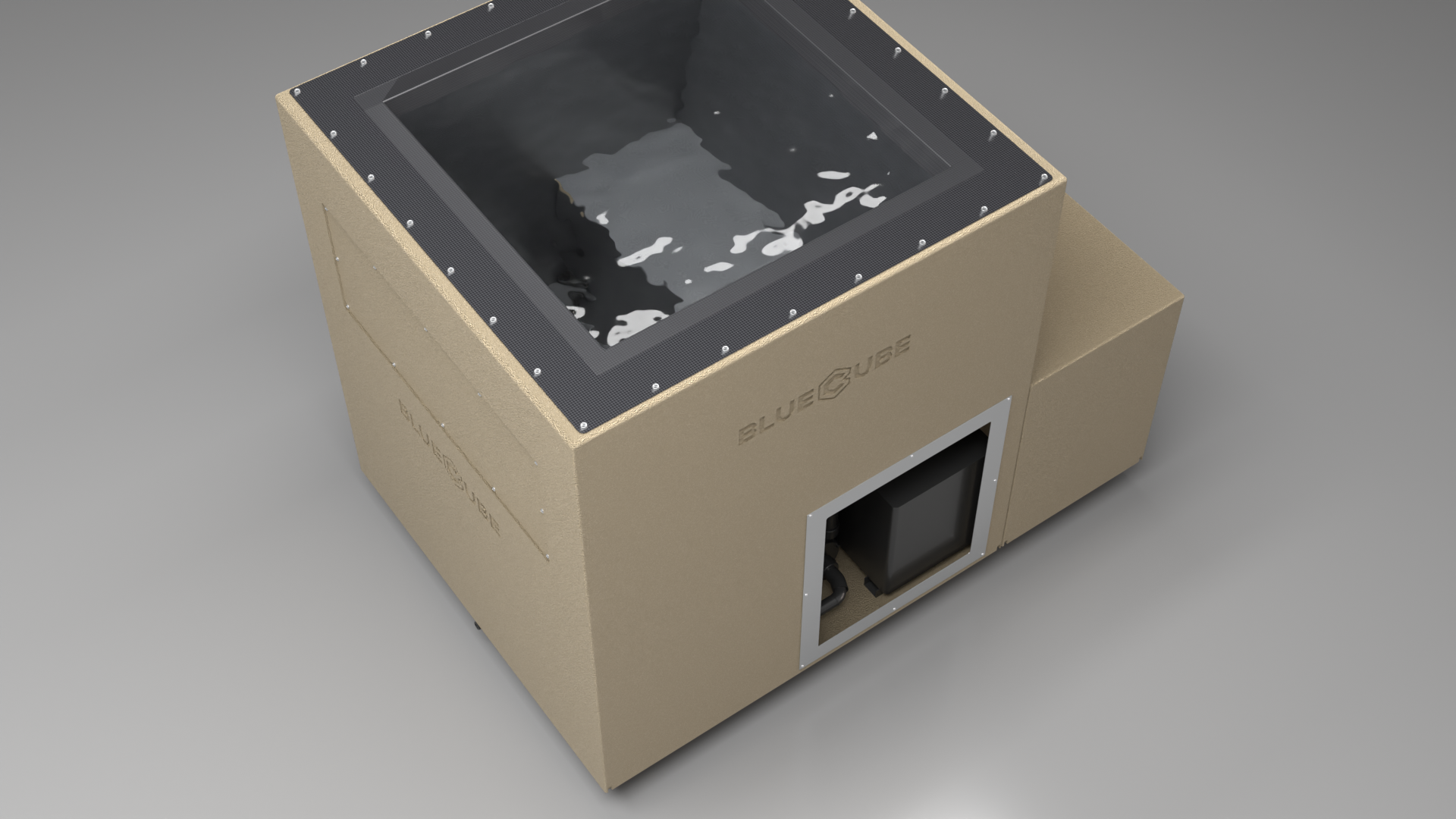 BlueCube LIMITLESS cold plunge tub beige with carbon fiber tub top down view [bc color=beige screen=frame deck=none tub=carbon-fiber view=top]