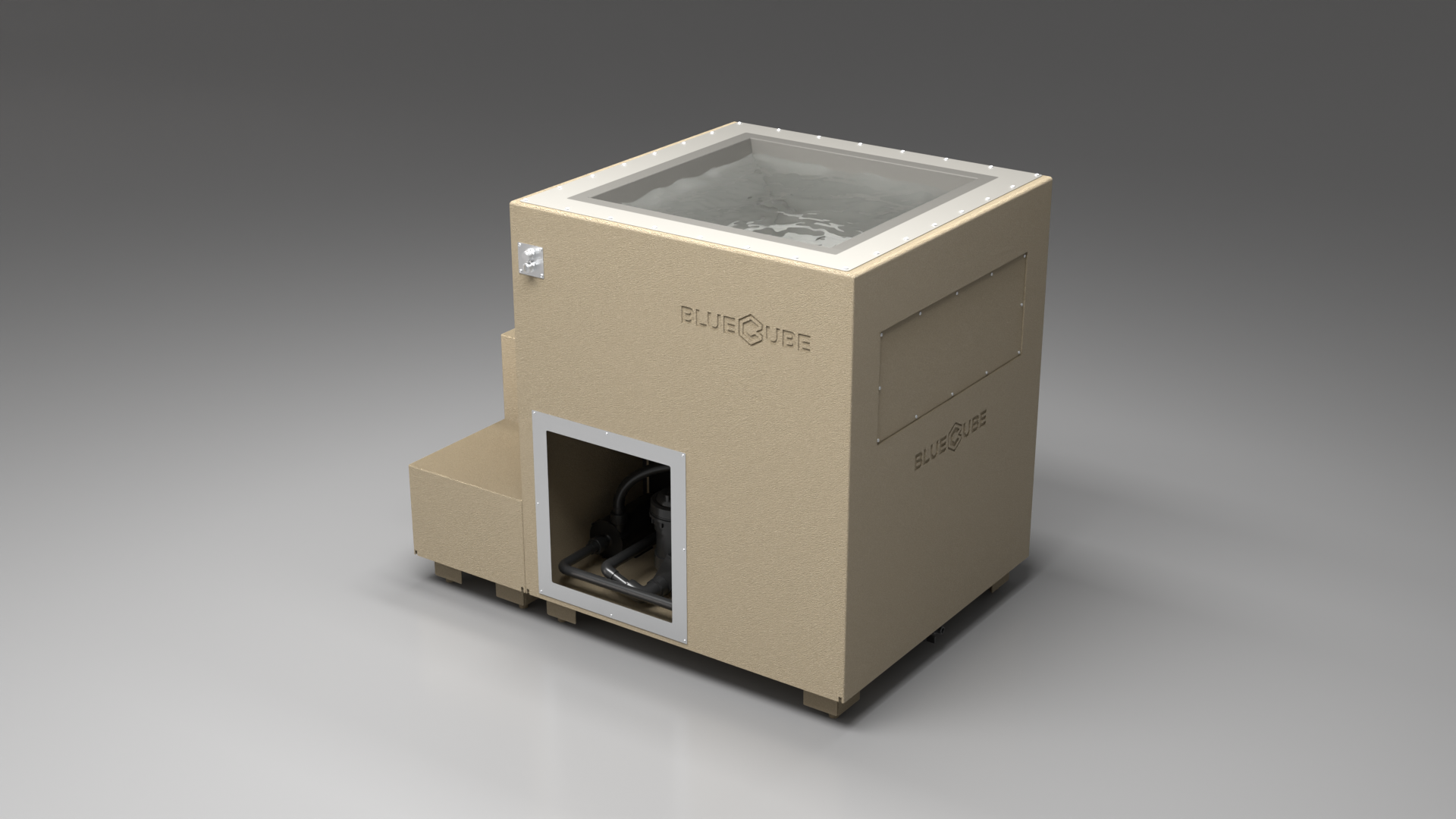BlueCube LIMITLESS cold plunge tub beige with gel coated tub left back view [bc color=beige screen=frame deck=none tub=gel-coated view=bl]