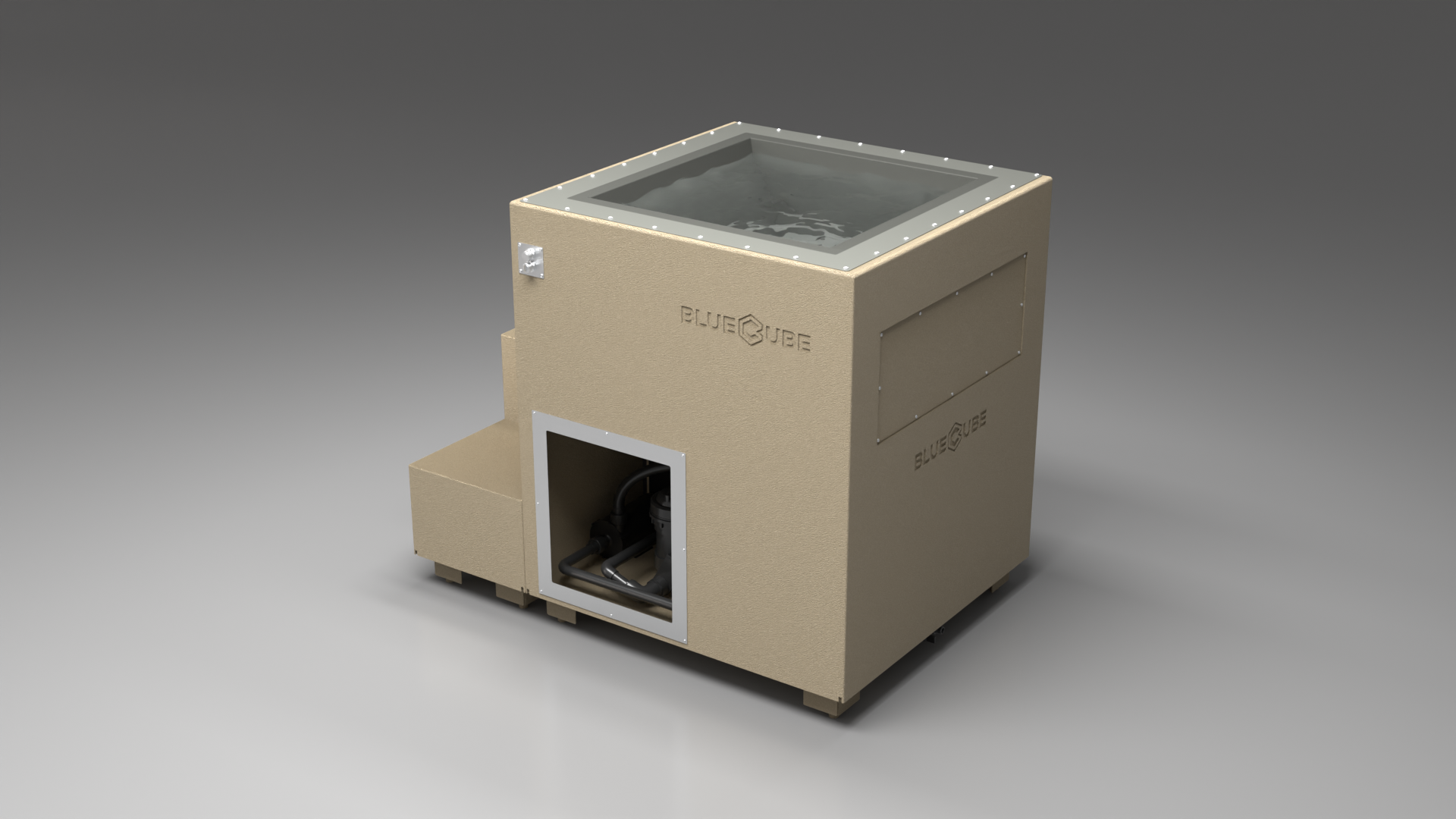 BlueCube LIMITLESS cold plunge tub beige with hempcarbon tub left back view [bc color=beige screen=frame deck=none tub=hempcarbon view=bl]