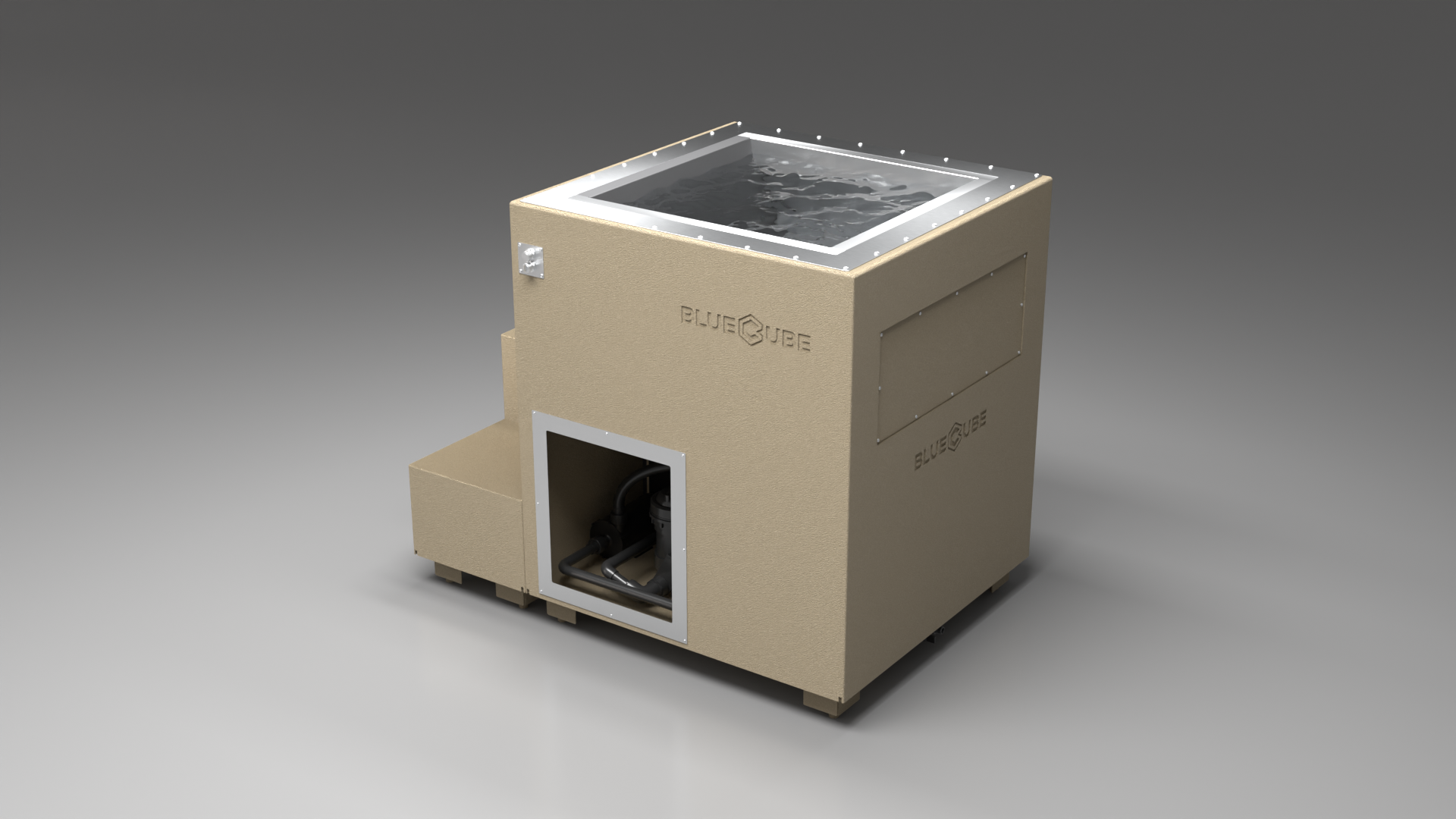 BlueCube LIMITLESS cold plunge tub beige left back view [bc color=beige screen=frame deck=none tub=stainless view=bl]