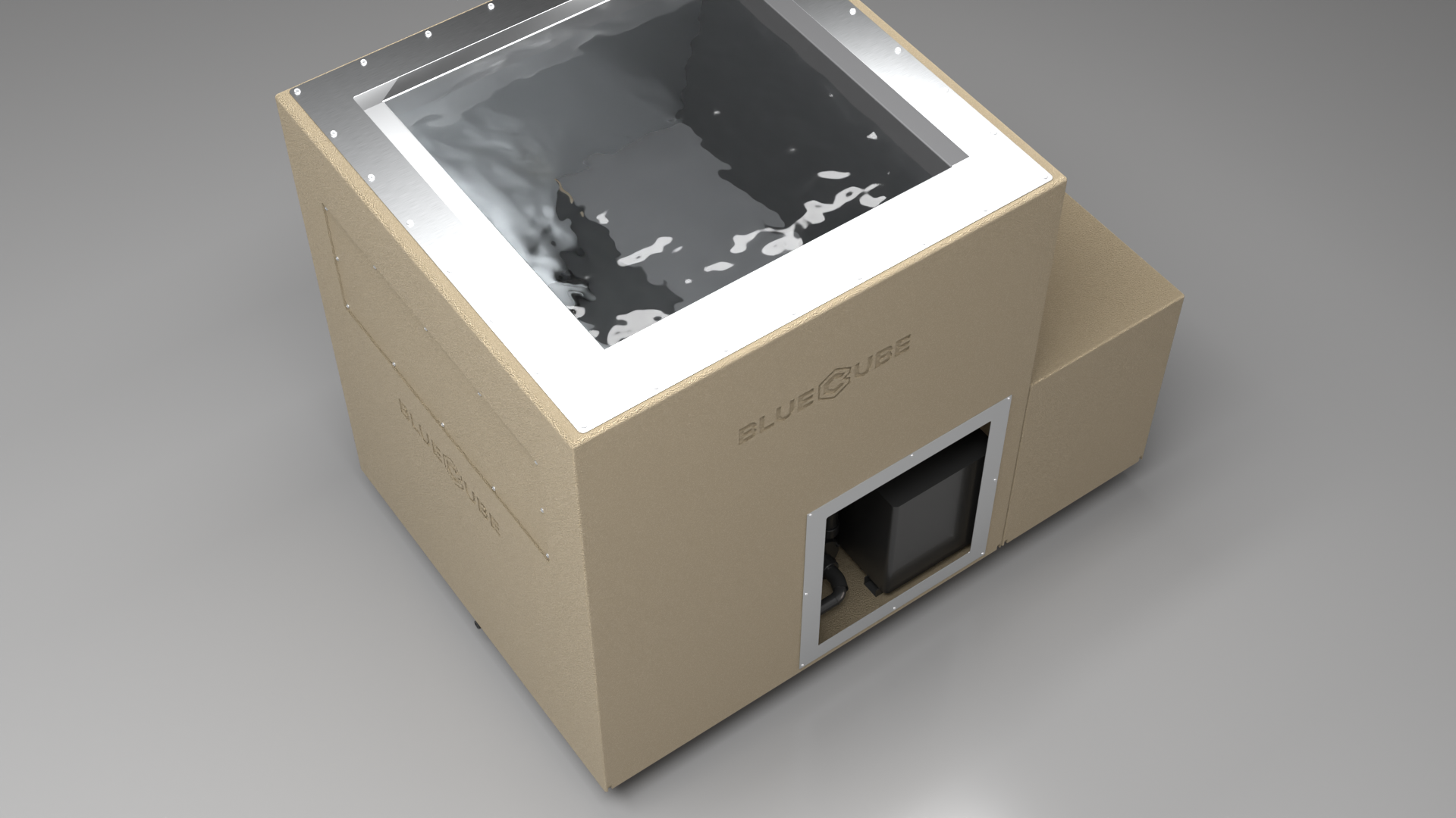 BlueCube LIMITLESS cold plunge tub beige top down view [bc color=beige screen=frame deck=none tub=stainless view=top]