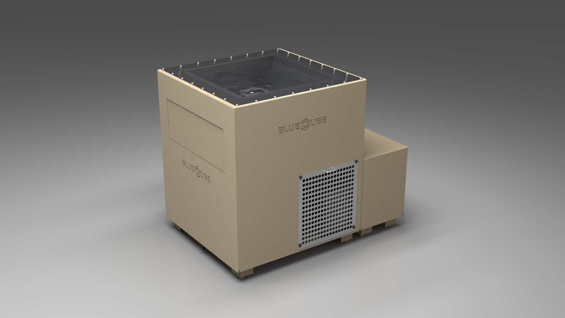 BlueCube LIMITLESS cold plunge tub beige with perforated screens with carbon fiber tub left front view [bc color=beige screen=screen deck=none tub=carbon-fiber view=fl]