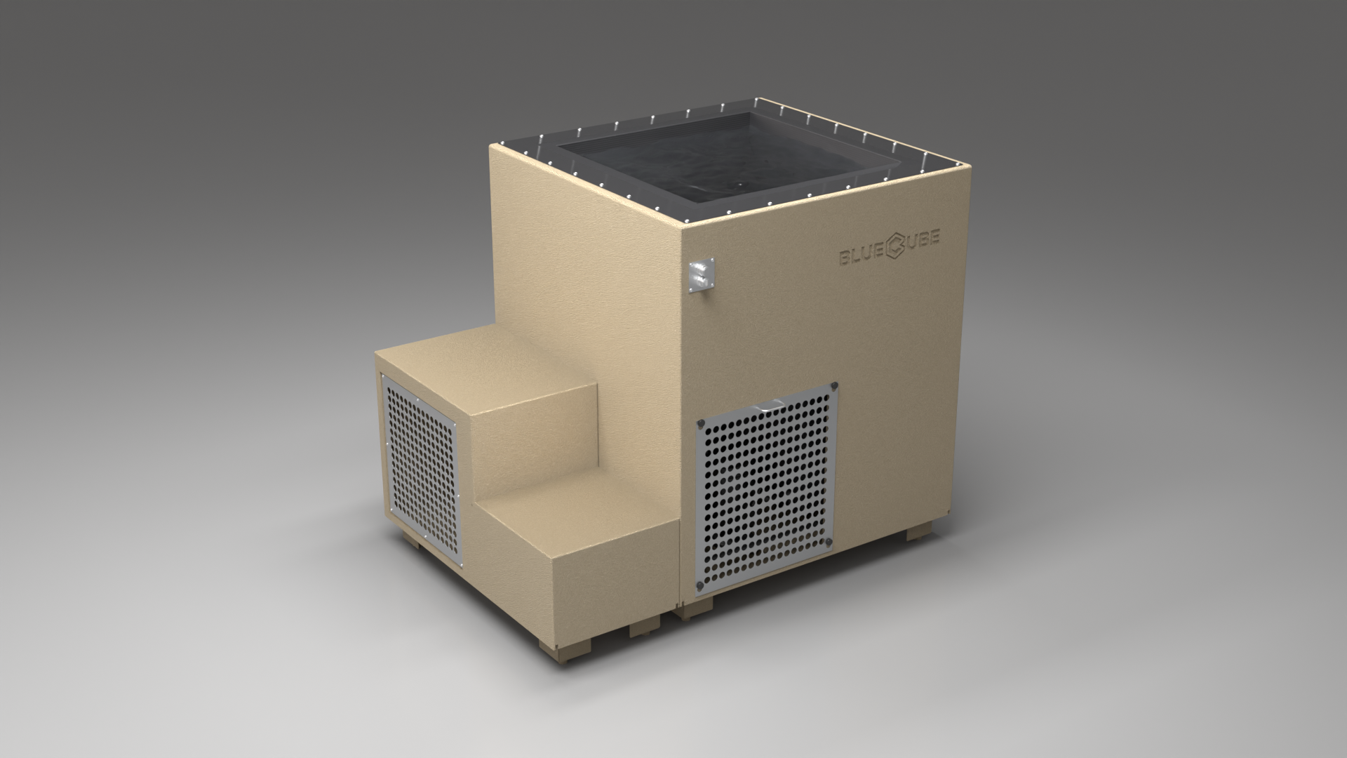 BlueCube LIMITLESS cold plunge tub beige with perforated screens with carbon fiber tub right back view [bc color=beige screen=screen deck=none tub=carbon-fiber view=br]