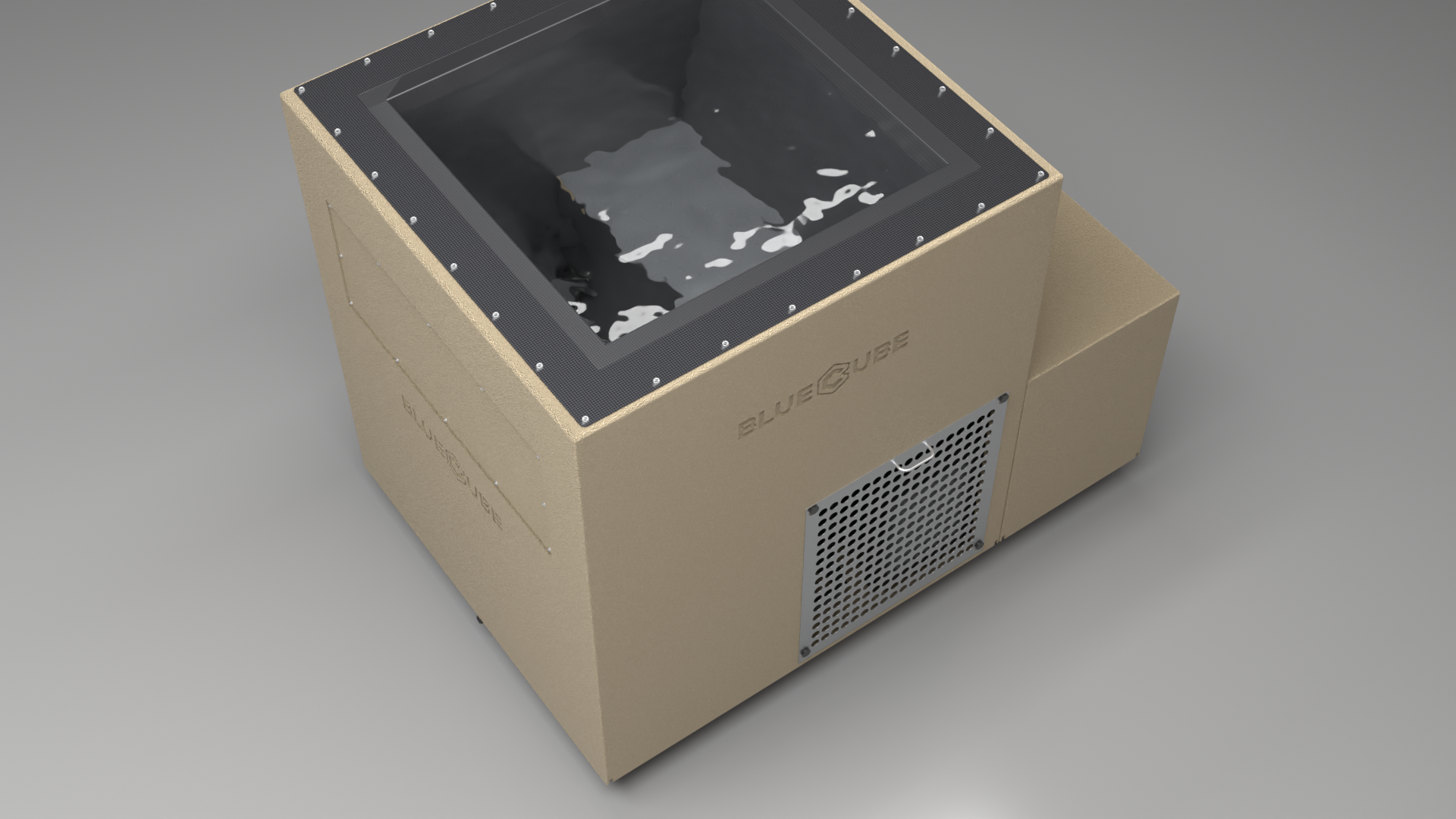 BlueCube LIMITLESS cold plunge tub beige with perforated screens with carbon fiber tub top down view [bc color=beige screen=screen deck=none tub=carbon-fiber view=top]
