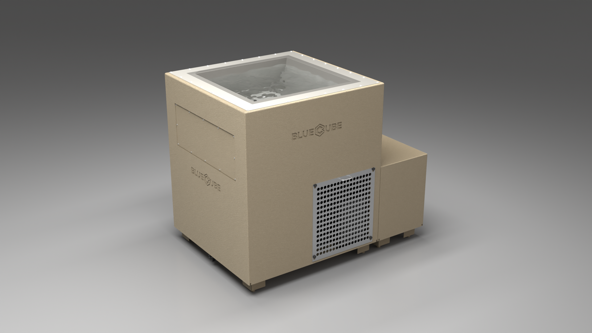 BlueCube LIMITLESS cold plunge tub beige with perforated screens with gel coated tub left front view [bc color=beige screen=screen deck=none tub=gel-coated view=fl]