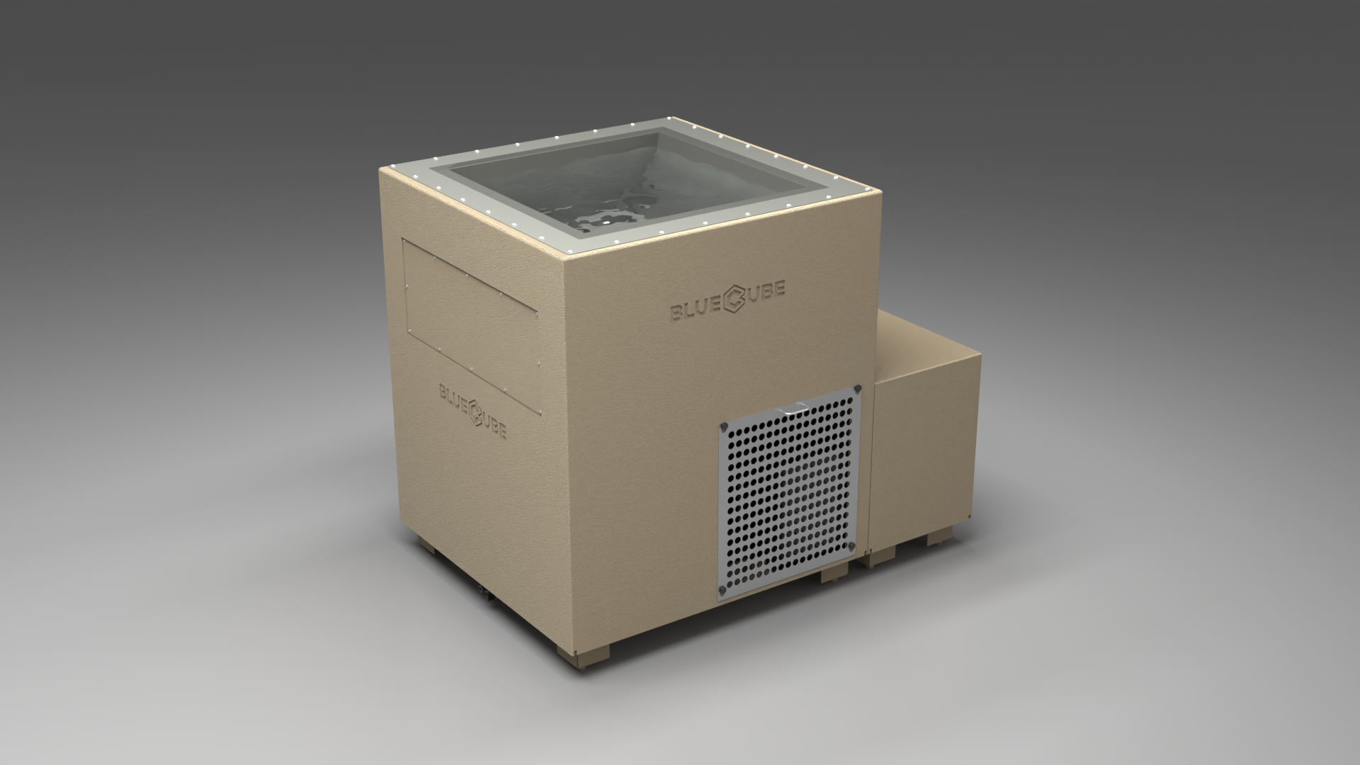 BlueCube LIMITLESS cold plunge tub beige with perforated screens with hempcarbon tub left front view [bc color=beige screen=screen deck=none tub=hempcarbon view=fl]