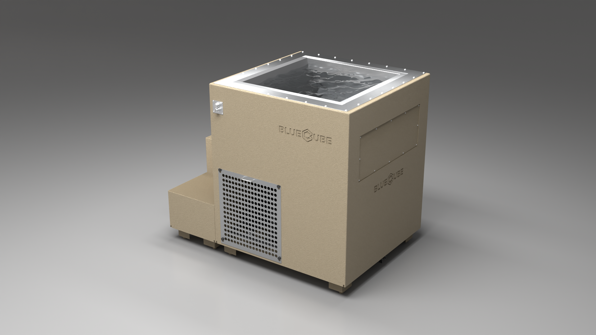 BlueCube LIMITLESS cold plunge tub beige with perforated screens left back view [bc color=beige screen=screen deck=none tub=stainless view=bl]