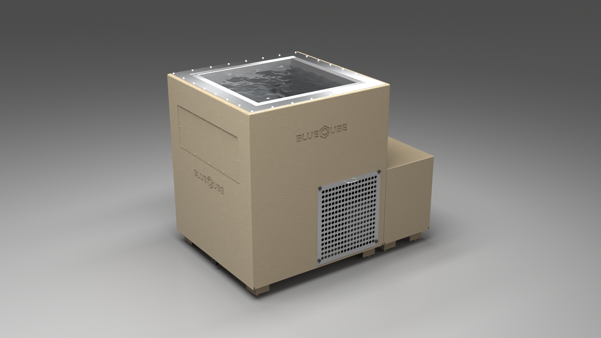 BlueCube LIMITLESS cold plunge tub beige with perforated screens left front view [bc color=beige screen=screen deck=none tub=stainless view=fl]