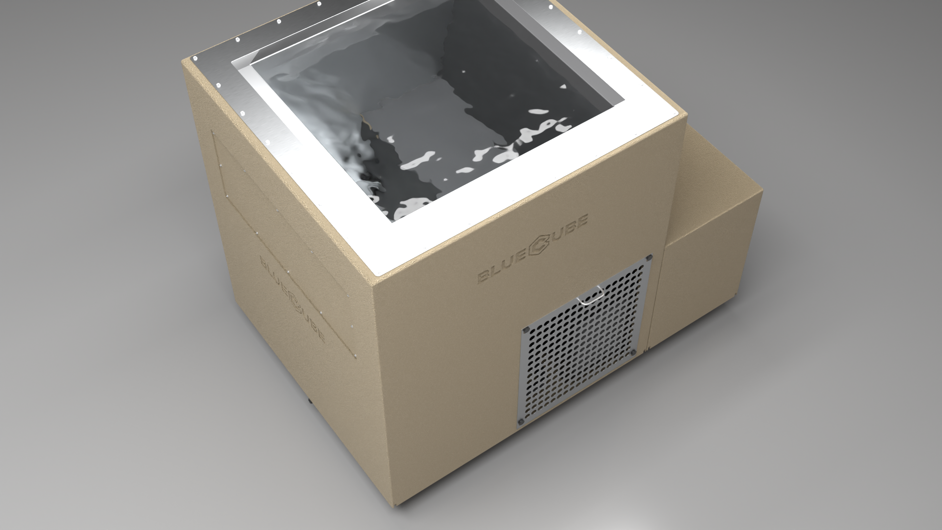 BlueCube LIMITLESS cold plunge tub beige with perforated screens top down view [bc color=beige screen=screen deck=none tub=stainless view=top]