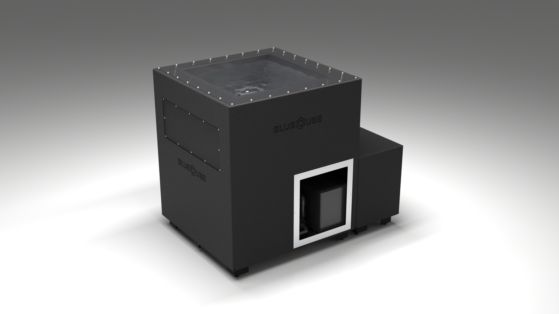 BlueCube LIMITLESS cold plunge tub black with carbon fiber tub left front view [bc color=black screen=frame deck=none tub=carbon-fiber view=fl]