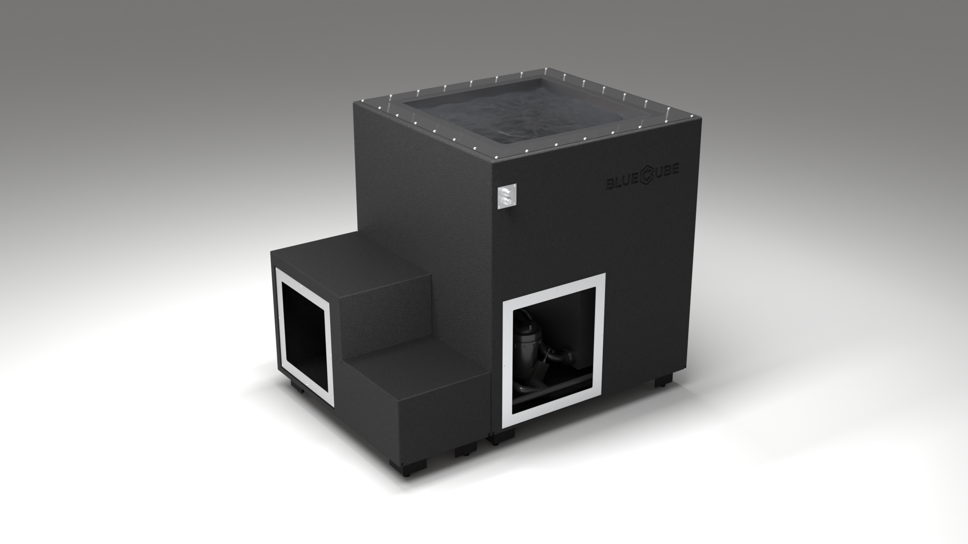 BlueCube LIMITLESS cold plunge tub black with carbon fiber tub right back view [bc color=black screen=frame deck=none tub=carbon-fiber view=br]
