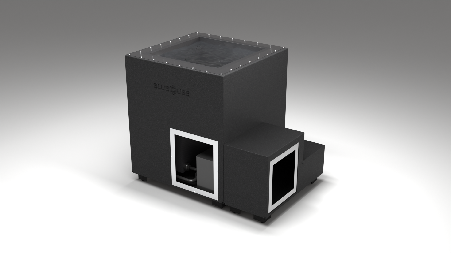 BlueCube LIMITLESS cold plunge tub black with carbon fiber tub right front view [bc color=black screen=frame deck=none tub=carbon-fiber view=fr]