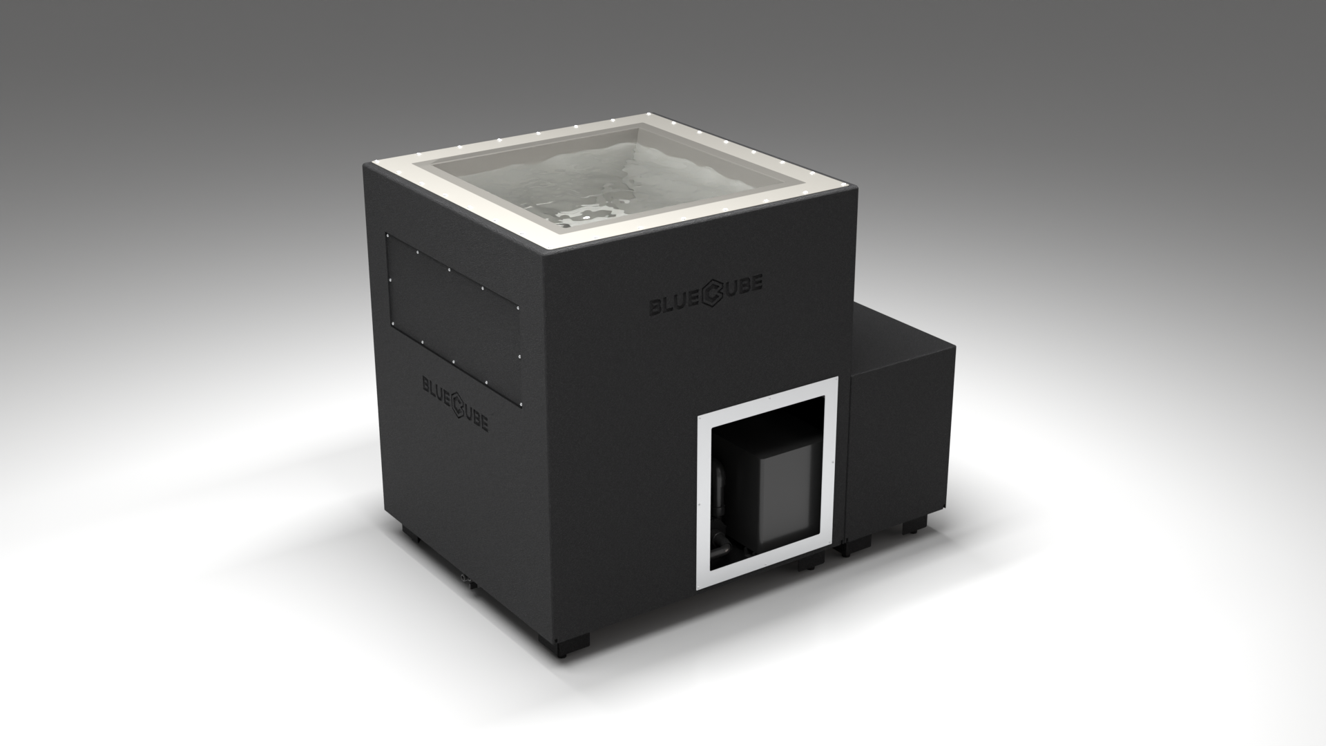 BlueCube LIMITLESS cold plunge tub black with gel coated tub left front view [bc color=black screen=frame deck=none tub=gel-coated view=fl]