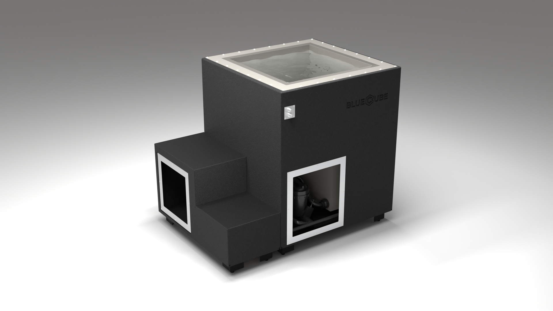 BlueCube LIMITLESS cold plunge tub black with gel coated tub right back view [bc color=black screen=frame deck=none tub=gel-coated view=br]
