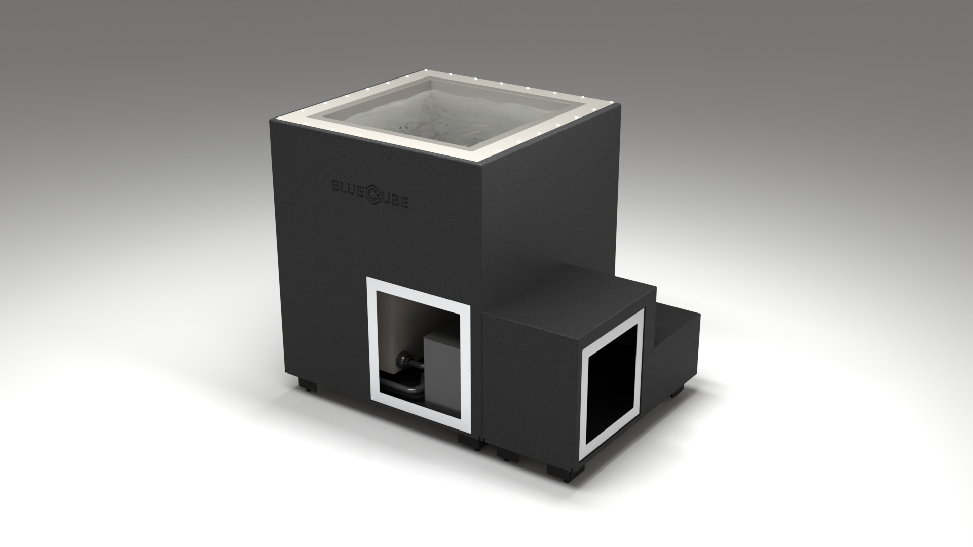 BlueCube LIMITLESS cold plunge tub black with gel coated tub right front view [bc color=black screen=frame deck=none tub=gel-coated view=fr]
