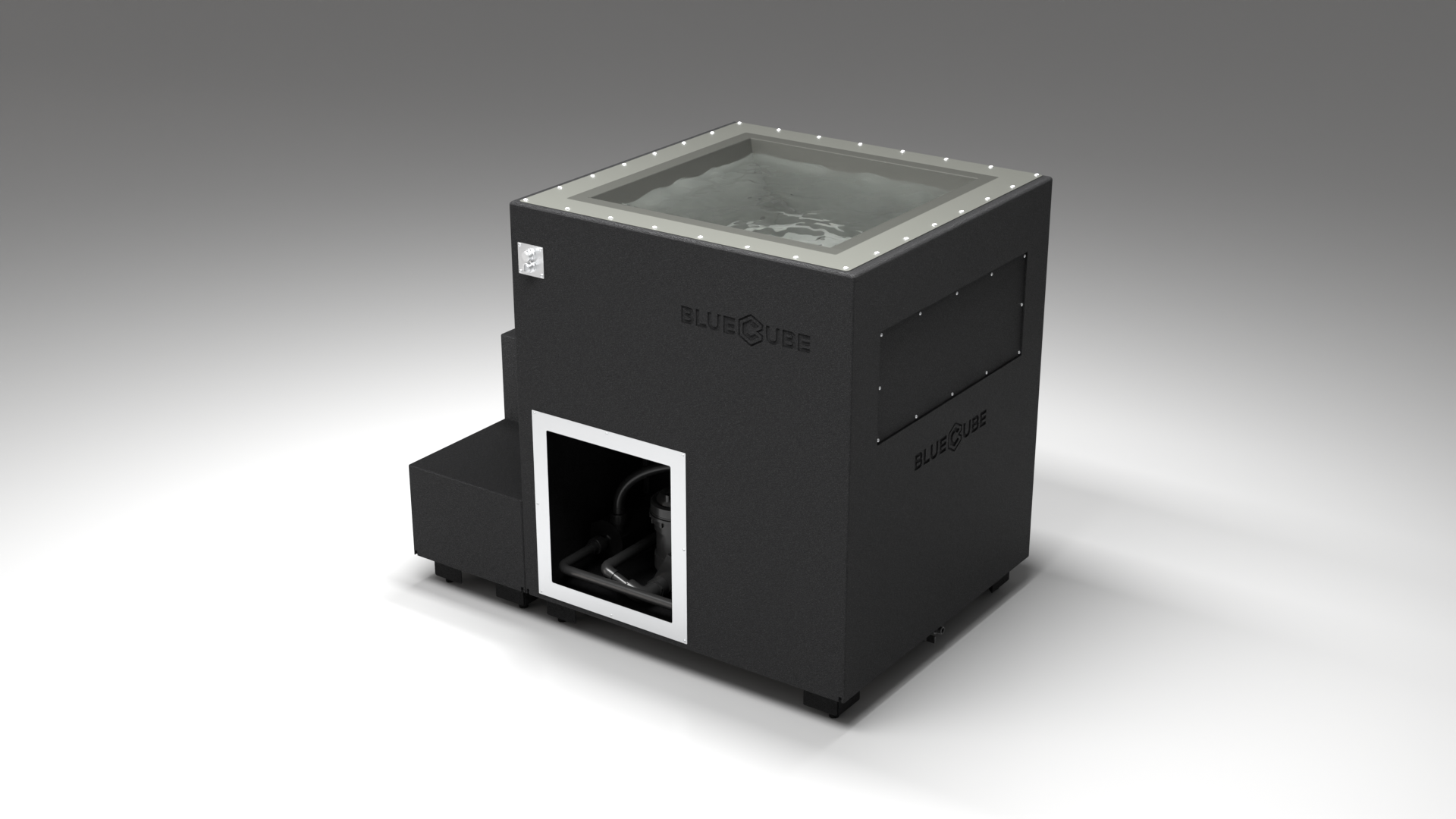 BlueCube LIMITLESS cold plunge tub black with hempcarbon tub left back view [bc color=black screen=frame deck=none tub=hempcarbon view=bl]