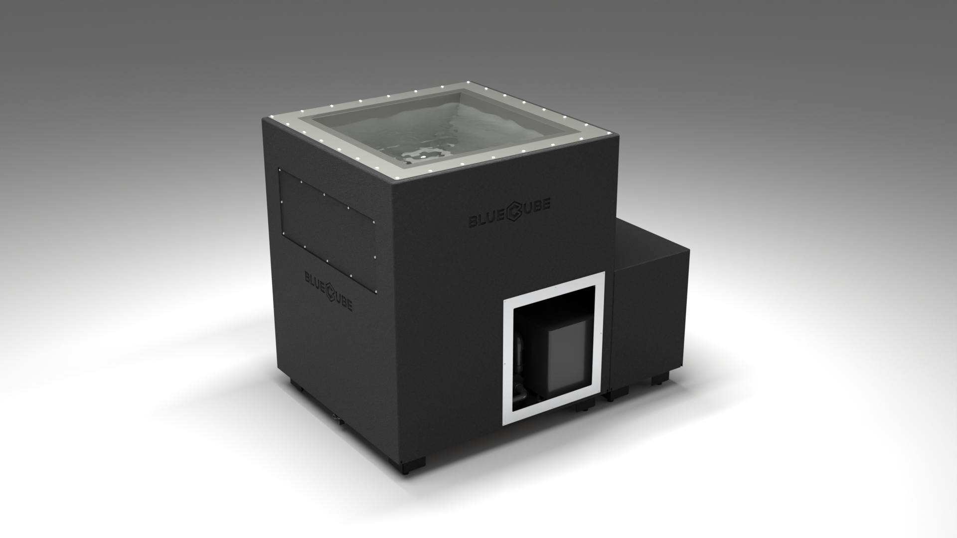 BlueCube LIMITLESS cold plunge tub black with hempcarbon tub left front view [bc color=black screen=frame deck=none tub=hempcarbon view=fl]
