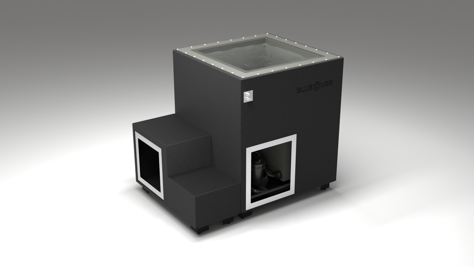 BlueCube LIMITLESS cold plunge tub black with hempcarbon tub right back view [bc color=black screen=frame deck=none tub=hempcarbon view=br]