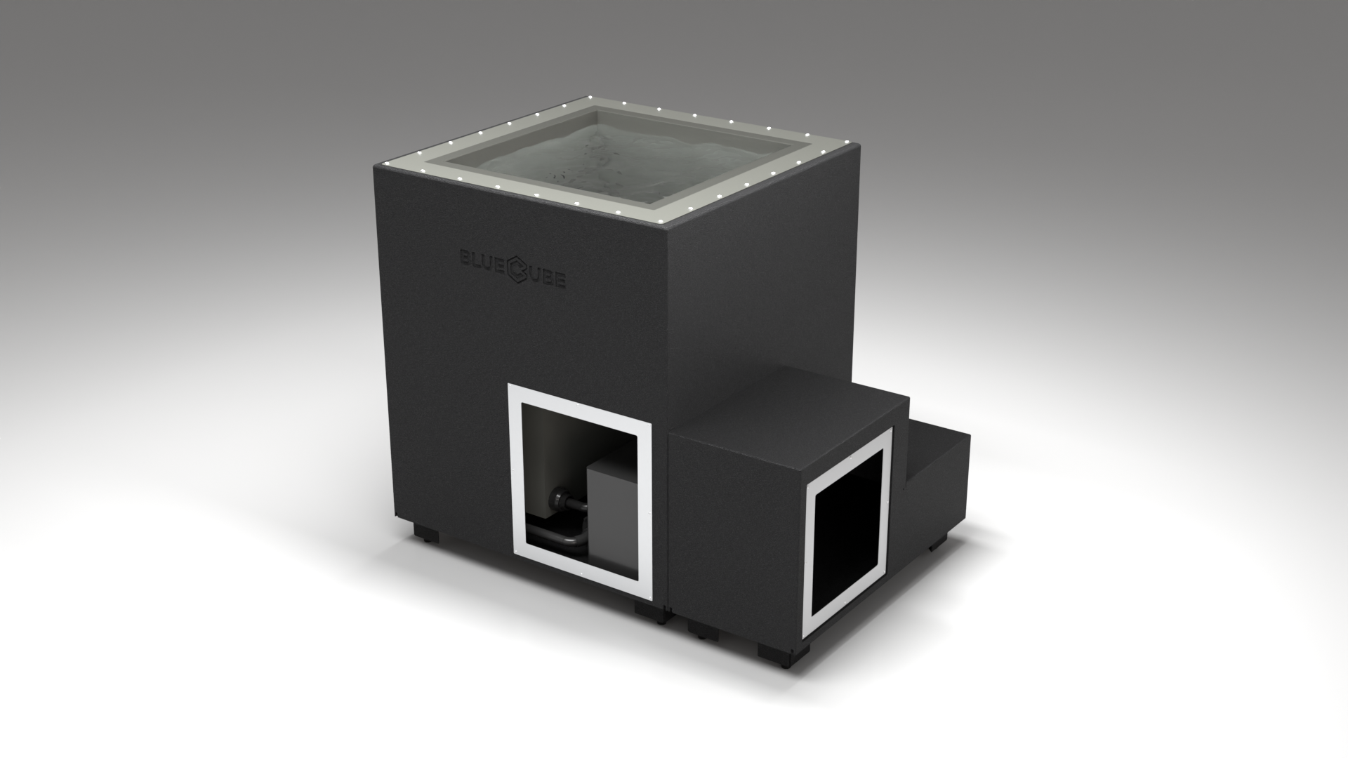 BlueCube LIMITLESS cold plunge tub black with hempcarbon tub right front view [bc color=black screen=frame deck=none tub=hempcarbon view=fr]