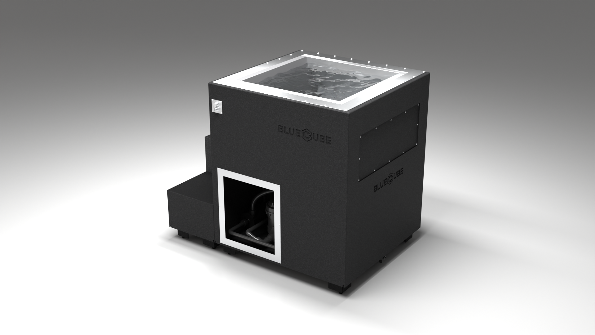 BlueCube LIMITLESS cold plunge tub black left back view [bc color=black screen=frame deck=none tub=stainless view=bl]