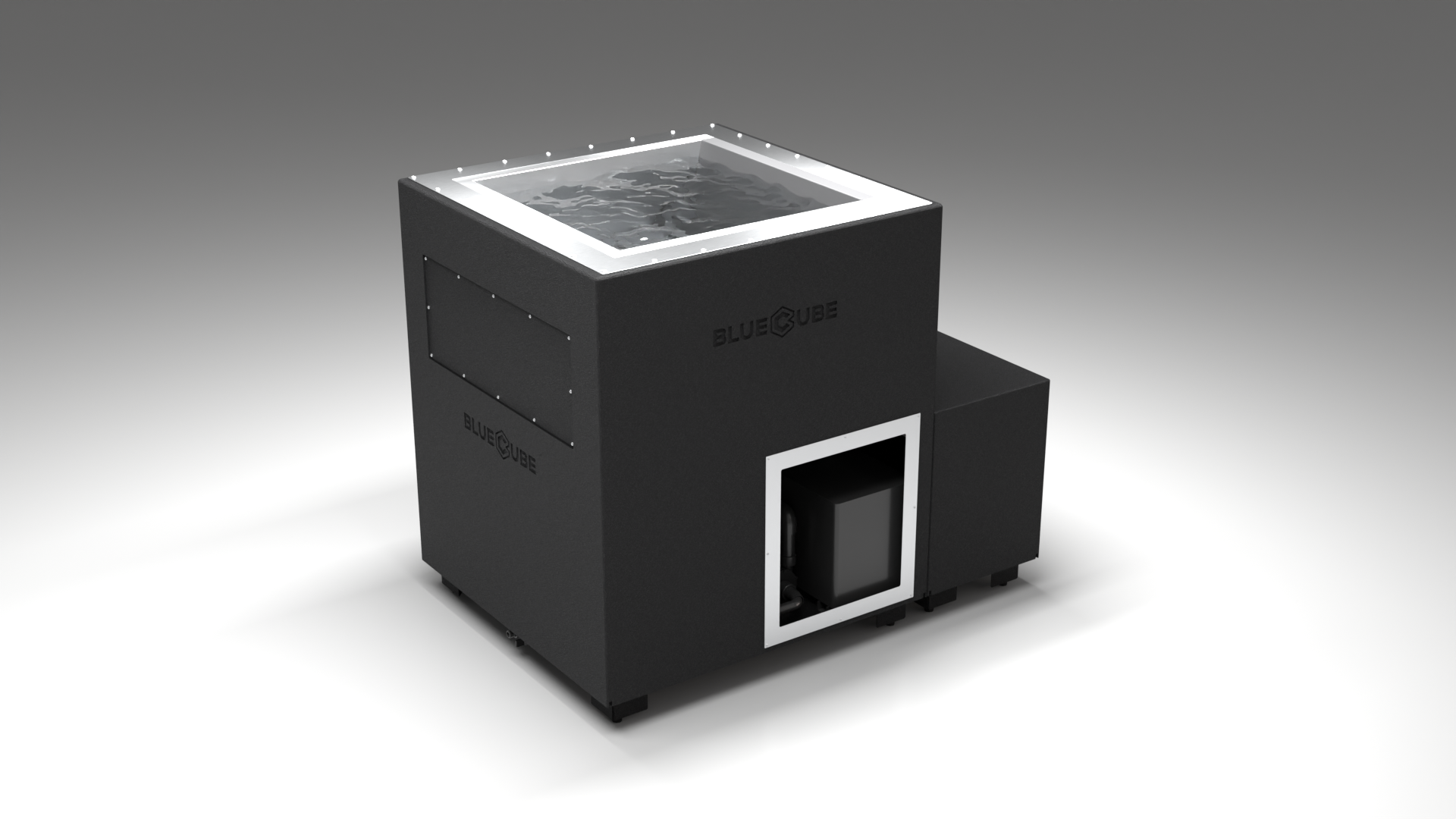 BlueCube LIMITLESS cold plunge tub black left front view [bc color=black screen=frame deck=none tub=stainless view=fl]