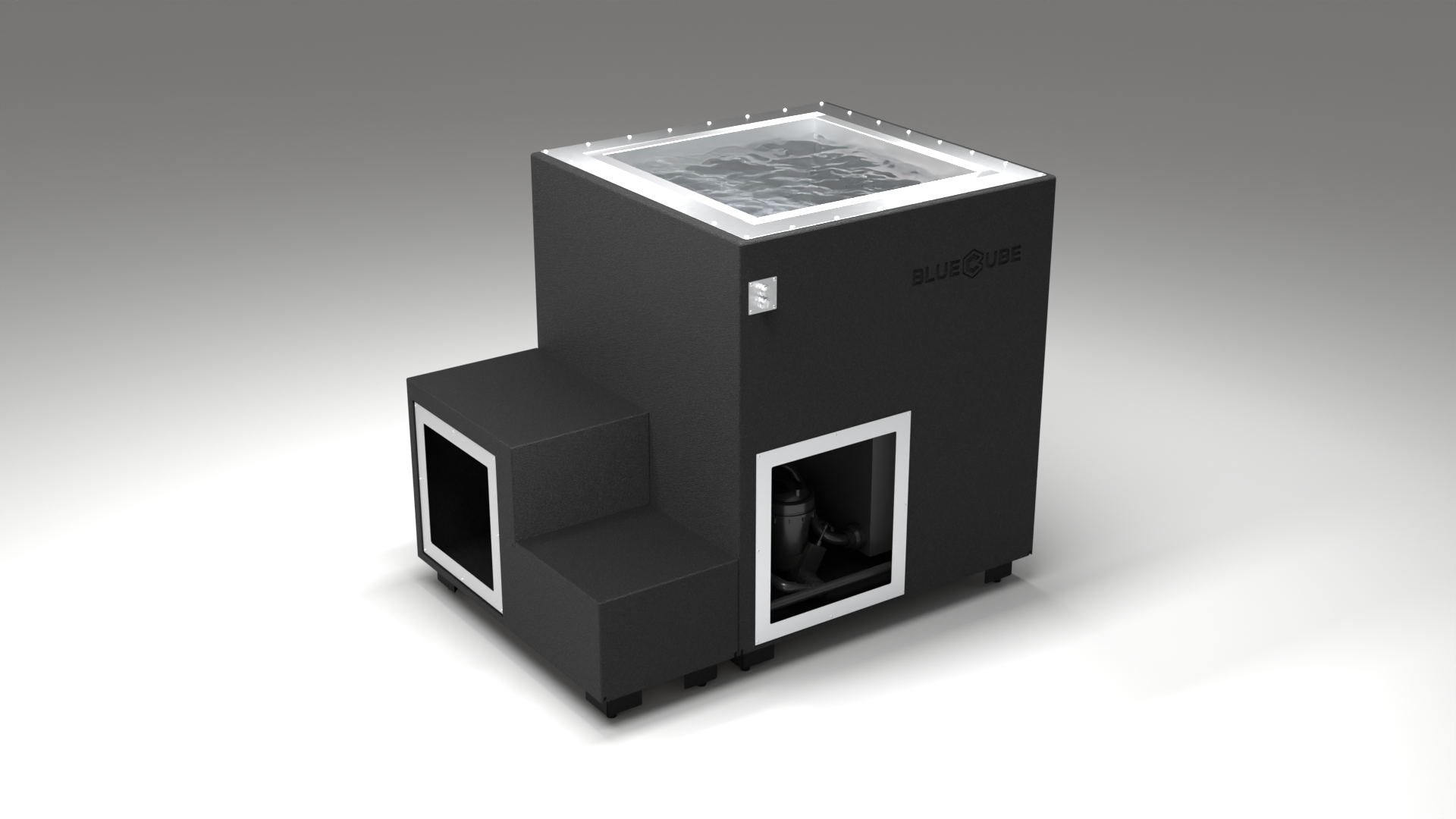 BlueCube LIMITLESS cold plunge tub black right back view [bc color=black screen=frame deck=none tub=stainless view=br]
