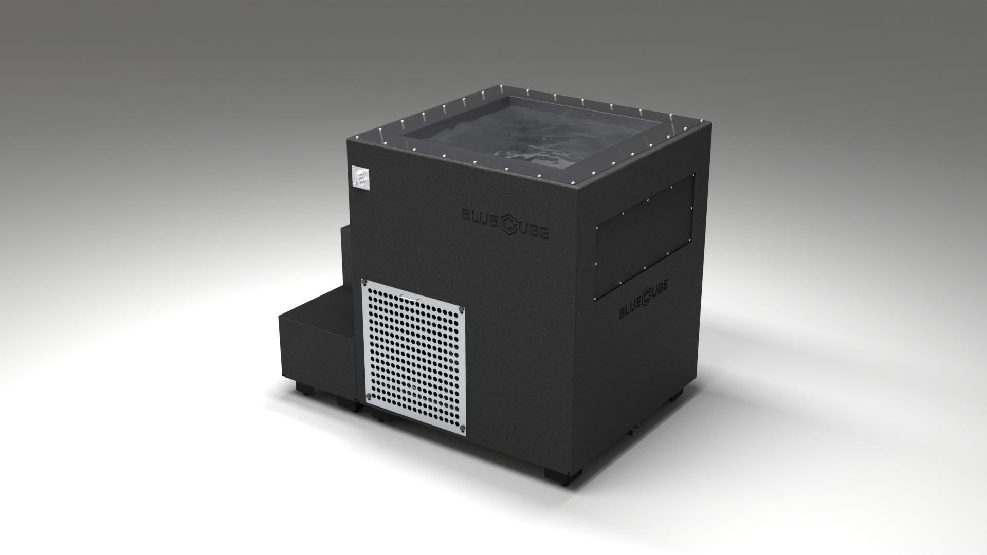BlueCube LIMITLESS cold plunge tub black with perforated screens with carbon fiber tub left back view [bc color=black screen=screen deck=none tub=carbon-fiber view=bl]